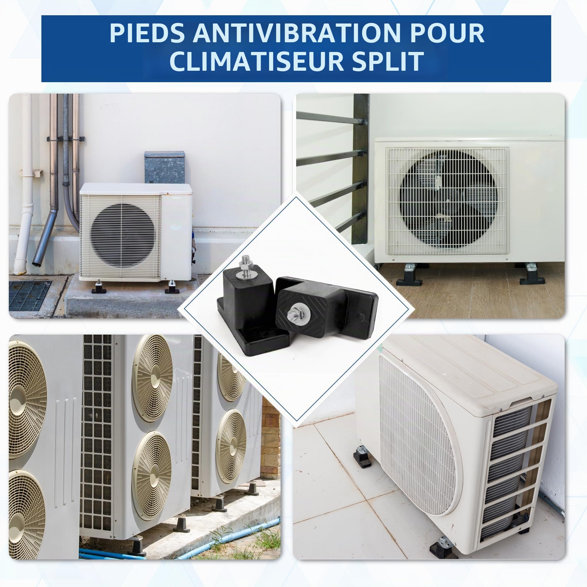 Cherbowing Lot de 4 pieds anti-vibrations pour climatisation - Support en caoutchouc pour climatisation - 200 kg - Antidérapant - Résistant aux UV