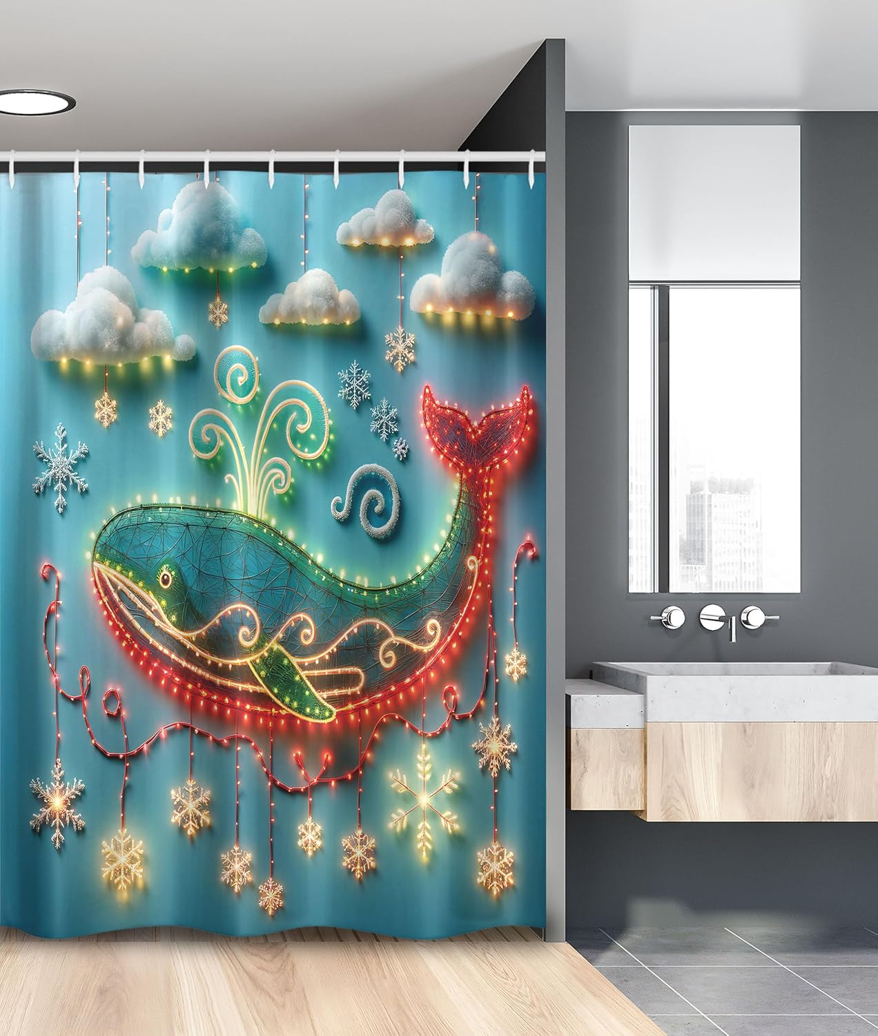 Ambesonne Christmas Stall Shower Curtain, Merry Xmas Theme with Realistic Motifs Print Whale and Clouds, Fabric Bathroom Decor Set with Hooks, 54" W x 78" L, Cream Sea Blue and Vermilion