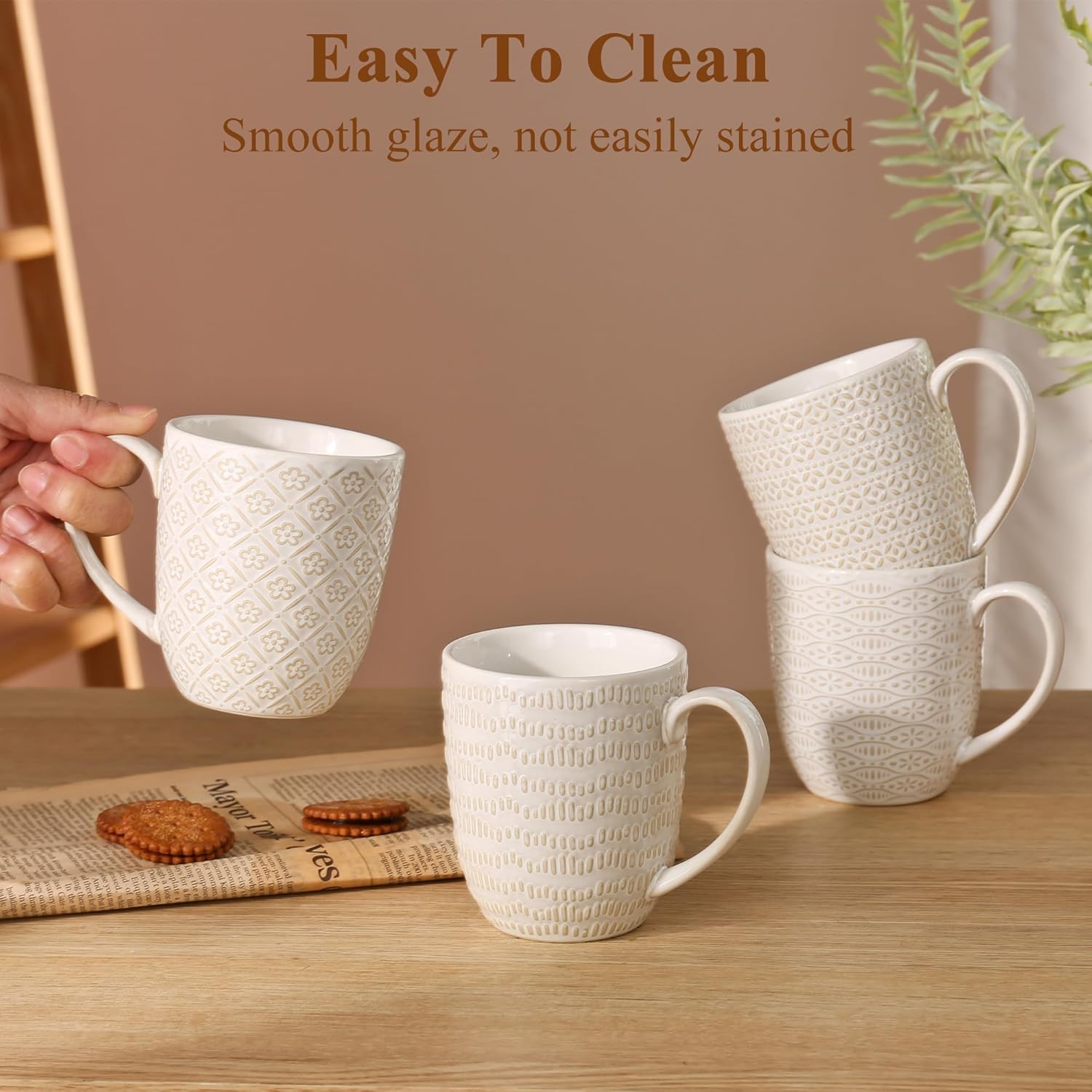 Embossment Coffee Mugs Set of 4, 12 oz Ceramic Coffee Cups Set, White Tea Cups with Large Handle for Latte, Cappuccino, Mocha, Cocoa, Microwave & Dishwasher Safe - Image 8