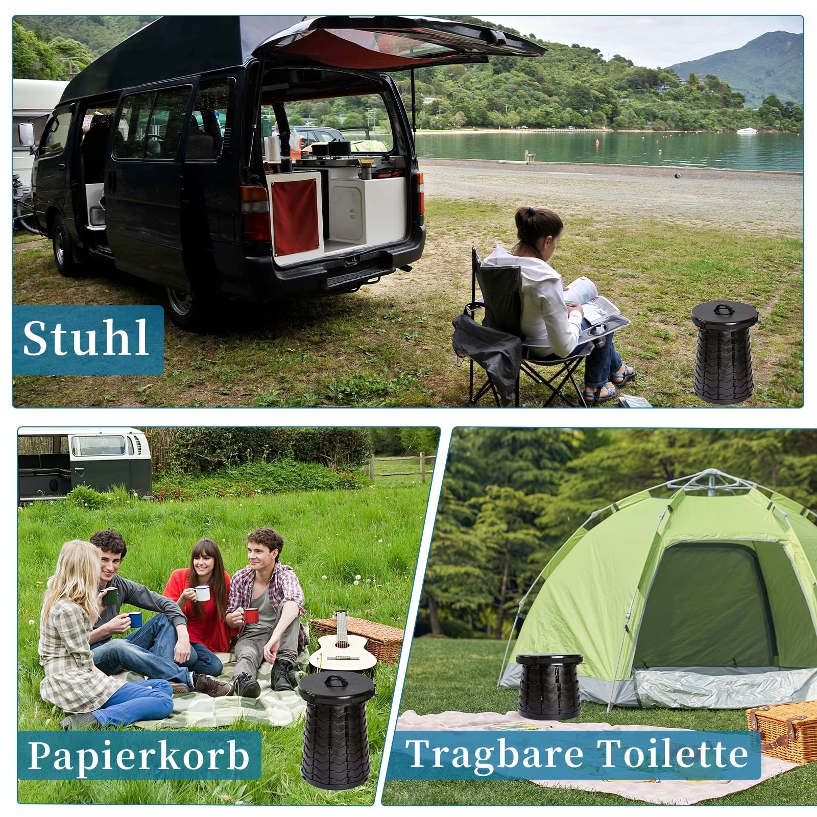 Campingtoilette Faltbar | Trockentoilette Maximalbelastung 300 Kg | Kompakt Mobile Toilet Φ 38 cm | Camping WC Höhe 8 bis 50 cm | Campingklo Blackout Festivals Garten Reisetoilette
