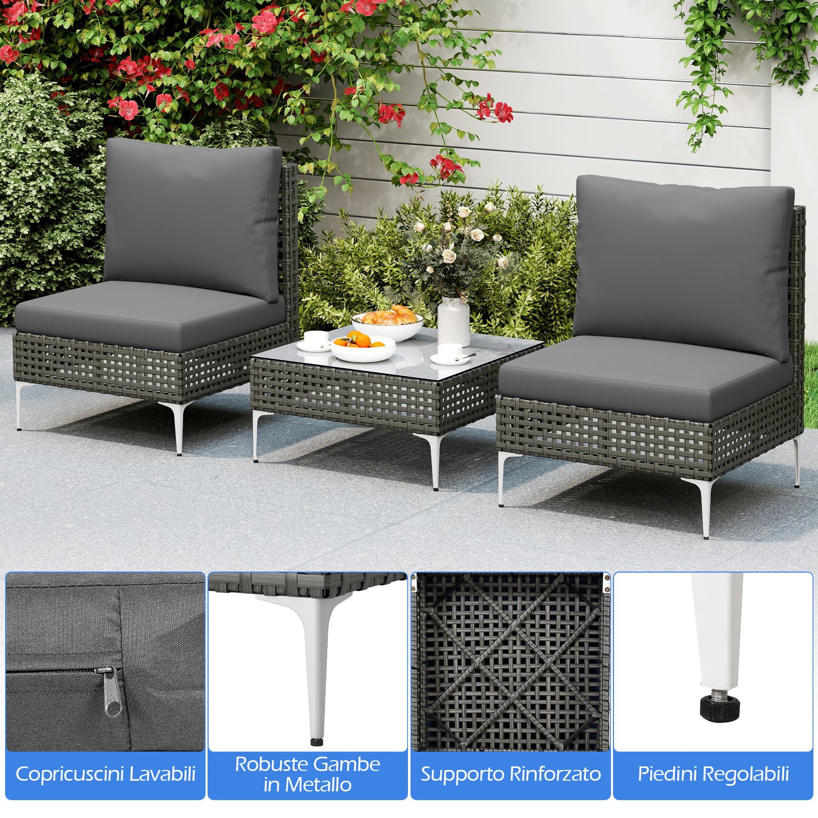 COSTWAY Tavolino e 2 Sedie da Giardino, Set da Conversazione in Rattan con Cuscini e Tavolino in Vetro Temperato, Set da Bistrò per Veranda, Balcone e Cortile (Stile 1)