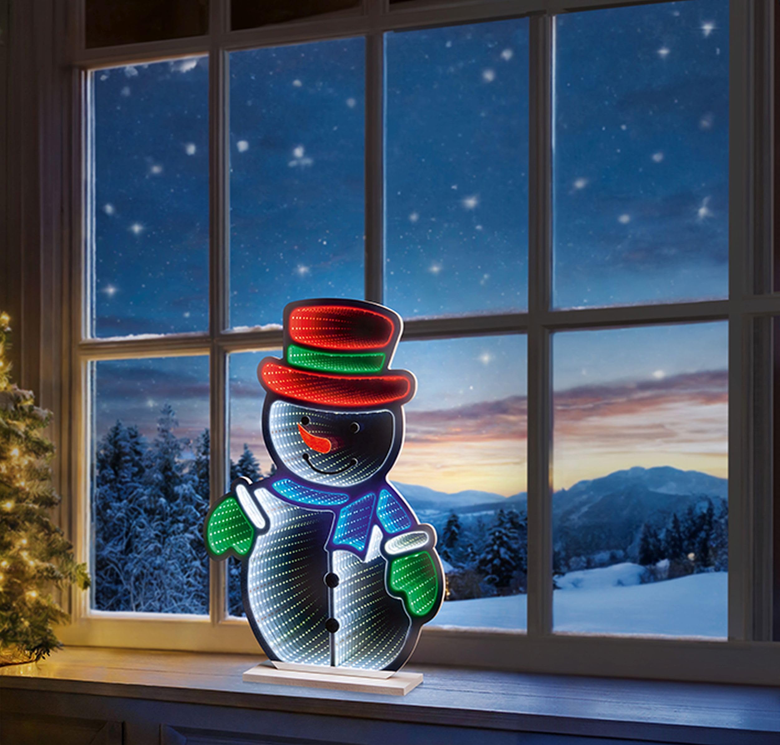 Premier Multicolor Christmas Snowman Infinity Led Mirror Tunnel Light - 3D Decoration - 60Cm - Red Hat