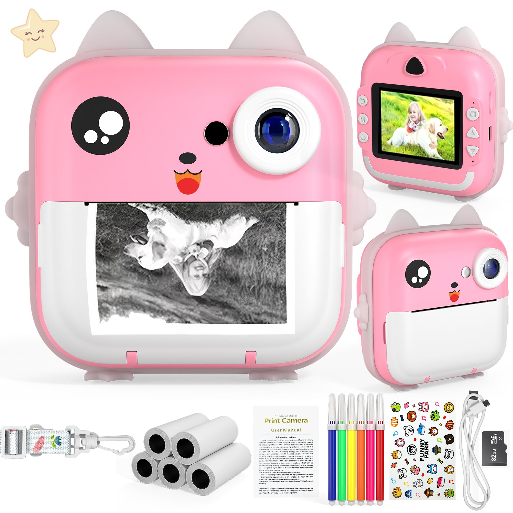 Kids Camera Instant Print, Christmas Birthday Gifts for Girls Boys, HD Digital Video Cameras for Toddler, Portable Toy for 4 5 6 7 8 9 10 Year Old Girl with 64GB SD Card-Pink