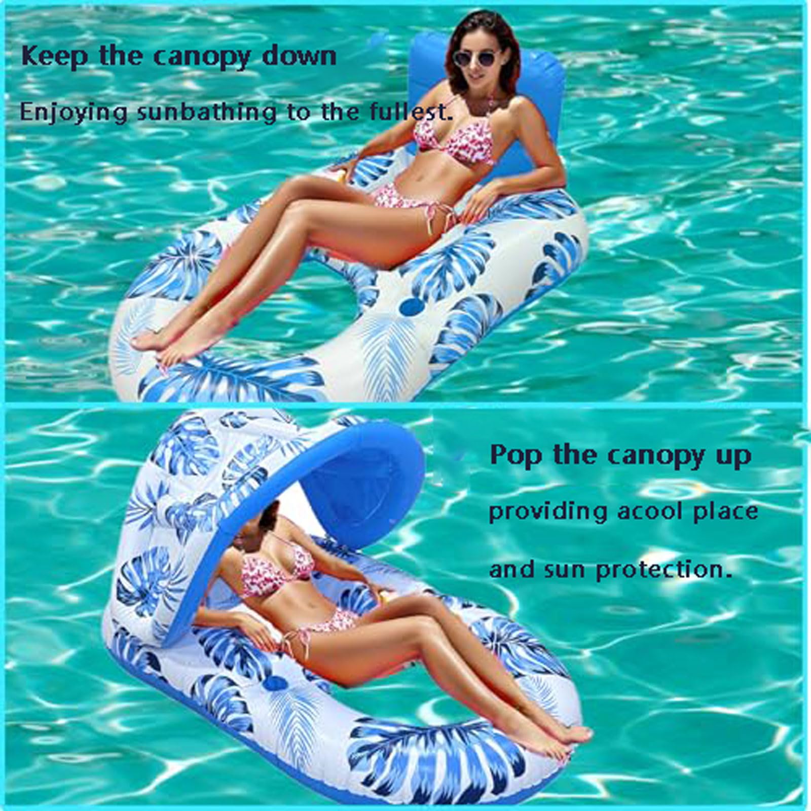 Hamaca Flotante para Piscina para Adultos 140 * 90cm,Colchoneta Piscina Hinchable con Capota Desmontable,Piscina Flotador de Agua con portavasos y reposapiés,para la Piscina Verano Playa