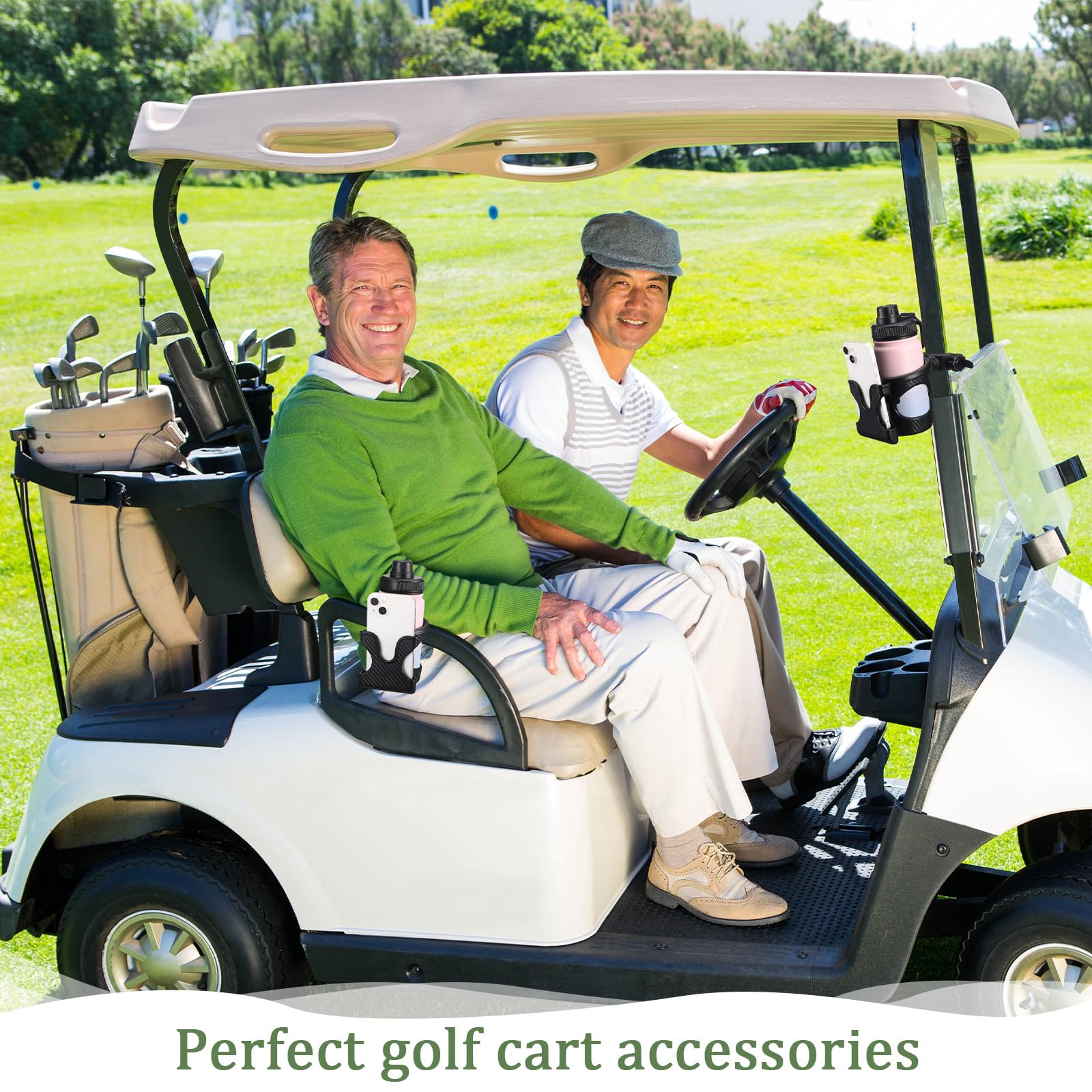 Wonderjune 2 Stück Golfwagen-Getränkehalter mit Handyhalterung, 2-in-1 verstellbares Wagen-Zubehör für Vorder- und Rücksitz-Armlehne, kompatibel mit Ezgo/Club-Auto, die meisten Golfwagen