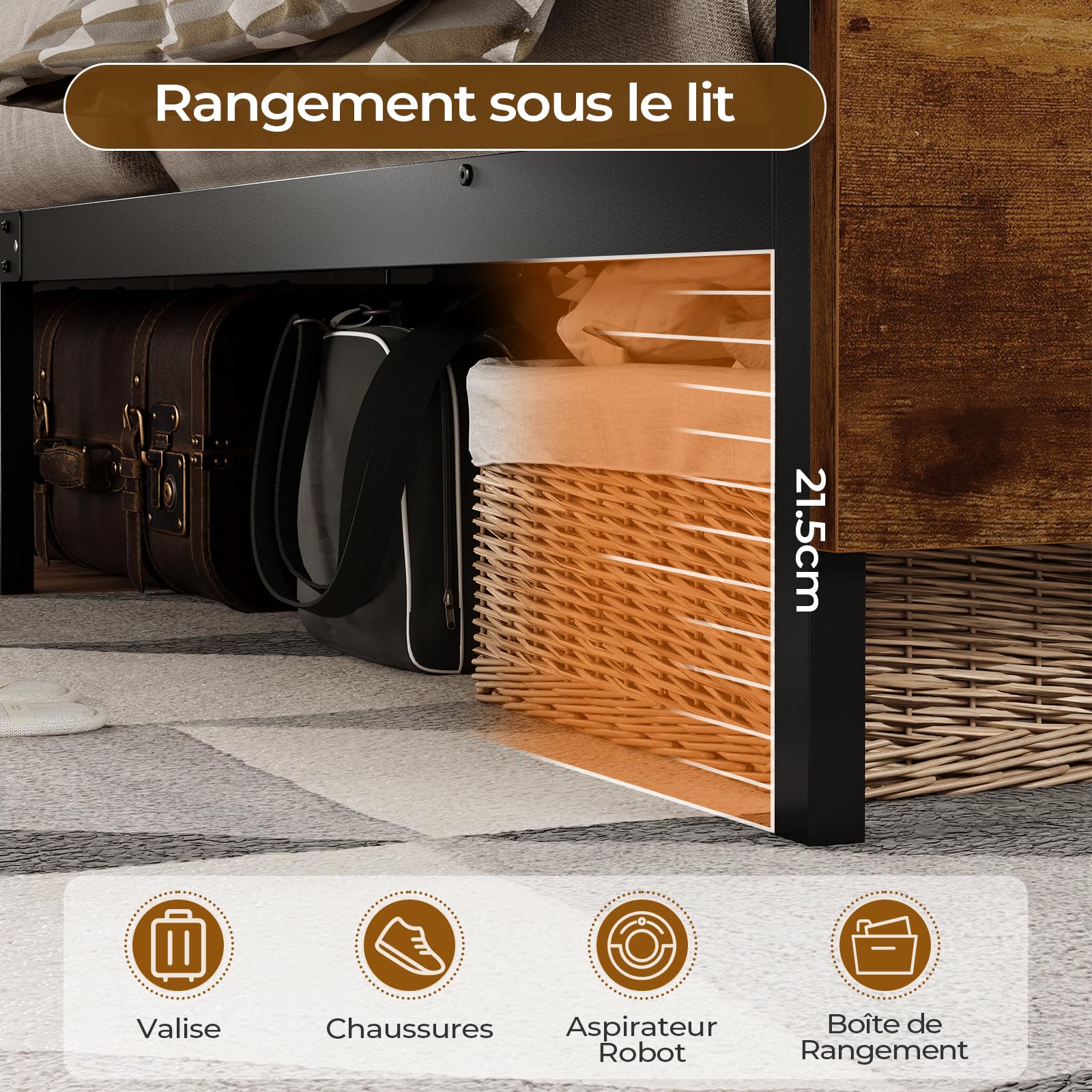 DICTAC lit 140 x 190 avec sommier en Métal, Lit 2 Personnes avec lumières LED et 2Ports USB et 2 Prises de Courant, Cadre de Lits 140x190 avec tête de lit,21.5 cm Espace de Rangement,Marron Vintage