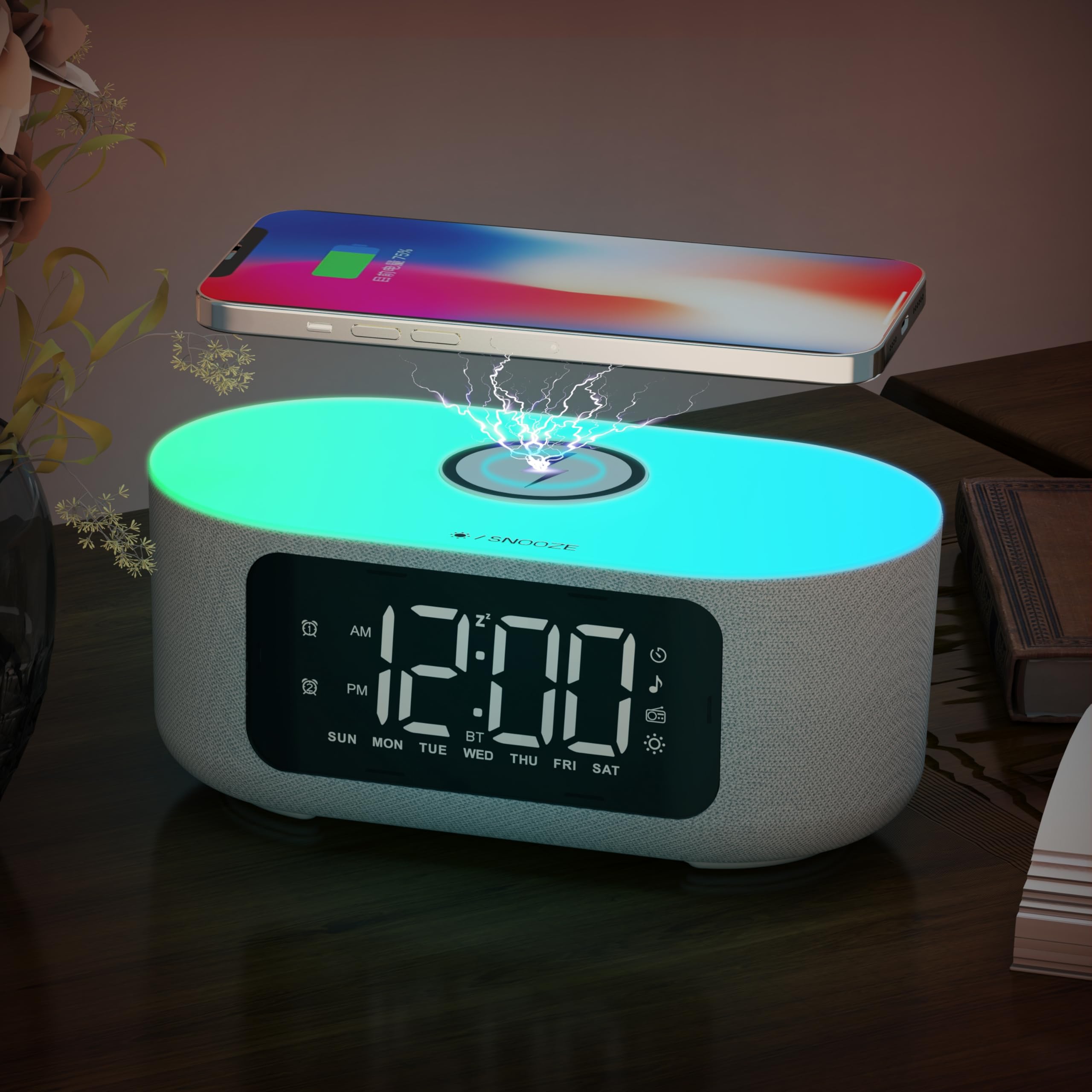 LIORQUE Radio Despertador Digital con Carga Inalámbrica 15W Qi, Reloj Despertador con Pantalla LED de Atenuación Automática, Luz Nocturna, Altavoz Bluetooth, Doble Alarma y Snooze, Modo Fin de Semana