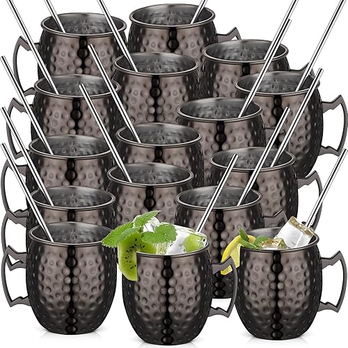 16 paquetes de tazas de moscú con pajitas de 18 onzas, tazas negras de acero inoxidable martilladas a granel para beber en el hogar, vasos de regalo