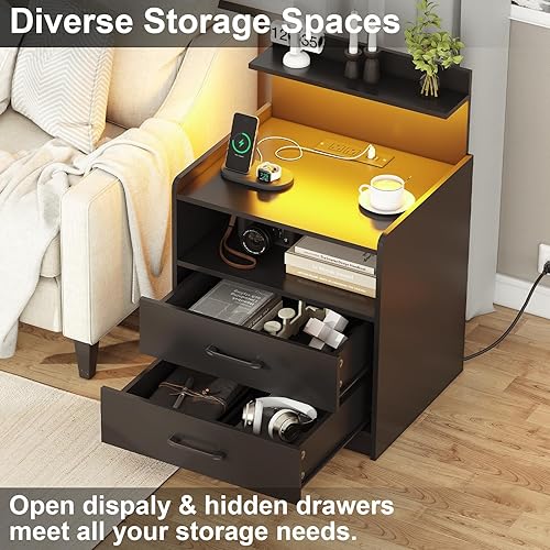 Miniatura 4 de Mesita de noche LED con estación de carga, mesita de noche con 2 cajones y almacenamiento abierto, mesita de noche con luces LED, mesa auxiliar
