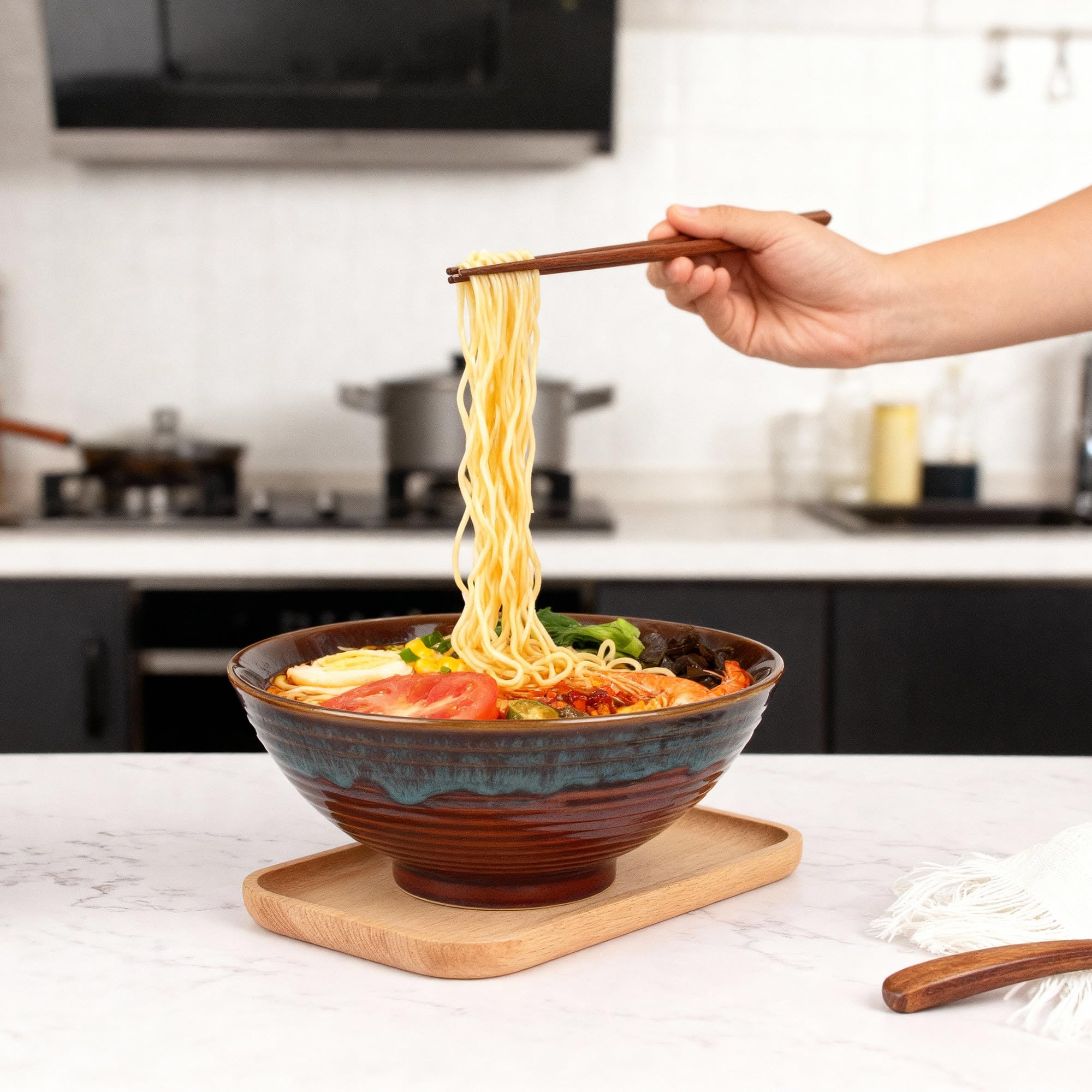 2 x 1200ml Zestaw Misek Ramen z Ceramiki z Pałeczkami i Łyżkami, 20cm Miska Bowl Do Zupy dla Ramen Bowl, Zestaw Ramen, Miska Ramen Duża, Bowl Miska, Zestaw Misek Kuchennych
