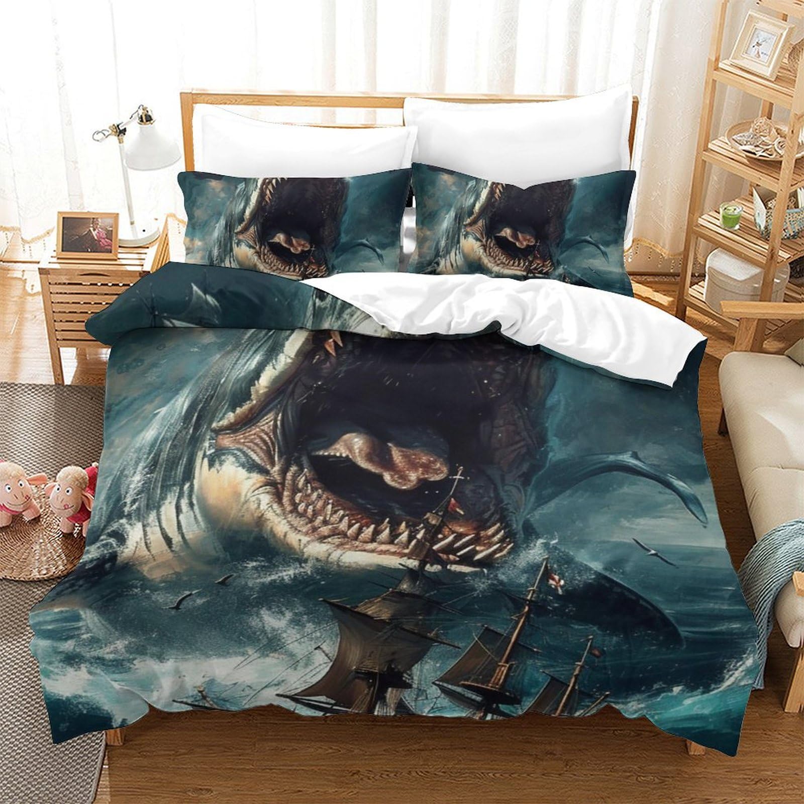 Linge de lit requin blanc 3D pour une chambre d'ado style océan moderne