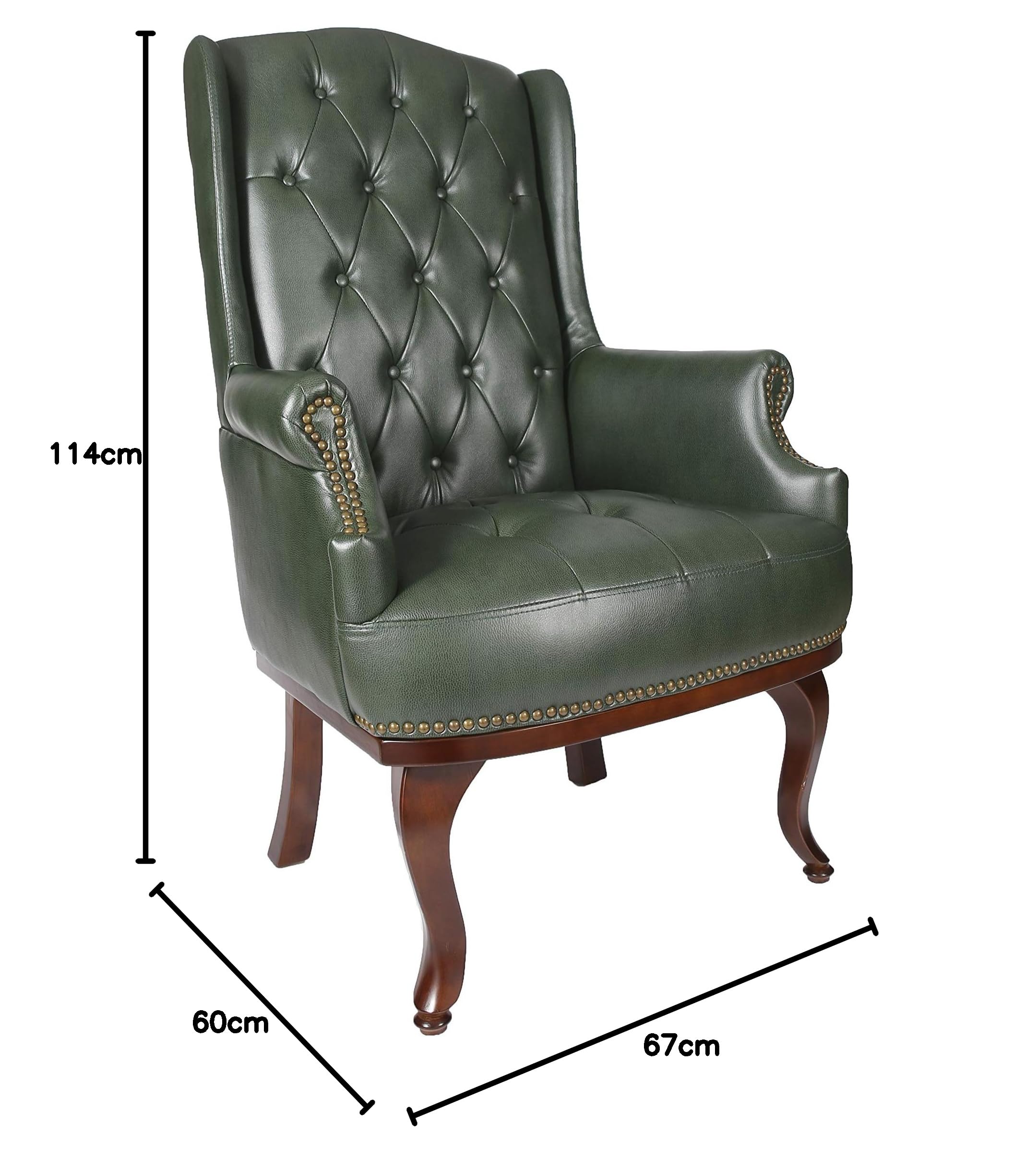 Chesterfield Style Leather High back Winged Fireside Armchair Chair  Orthopedic (Antique Green)