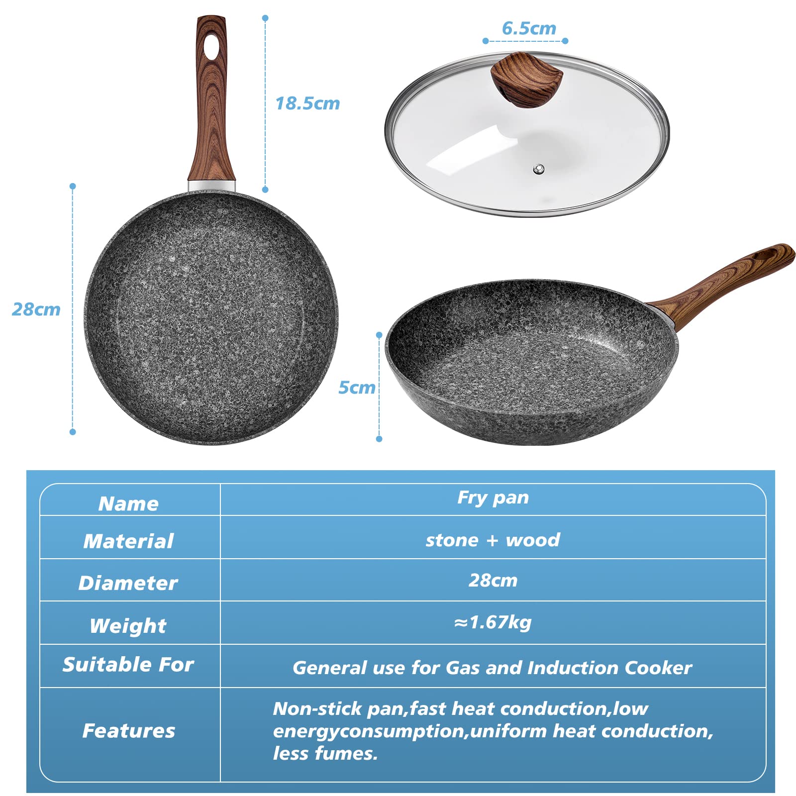 Rainberg Poêle à frire antiadhésive en granit de 28 cm avec couvercle, compatible avec induction (28 cm)