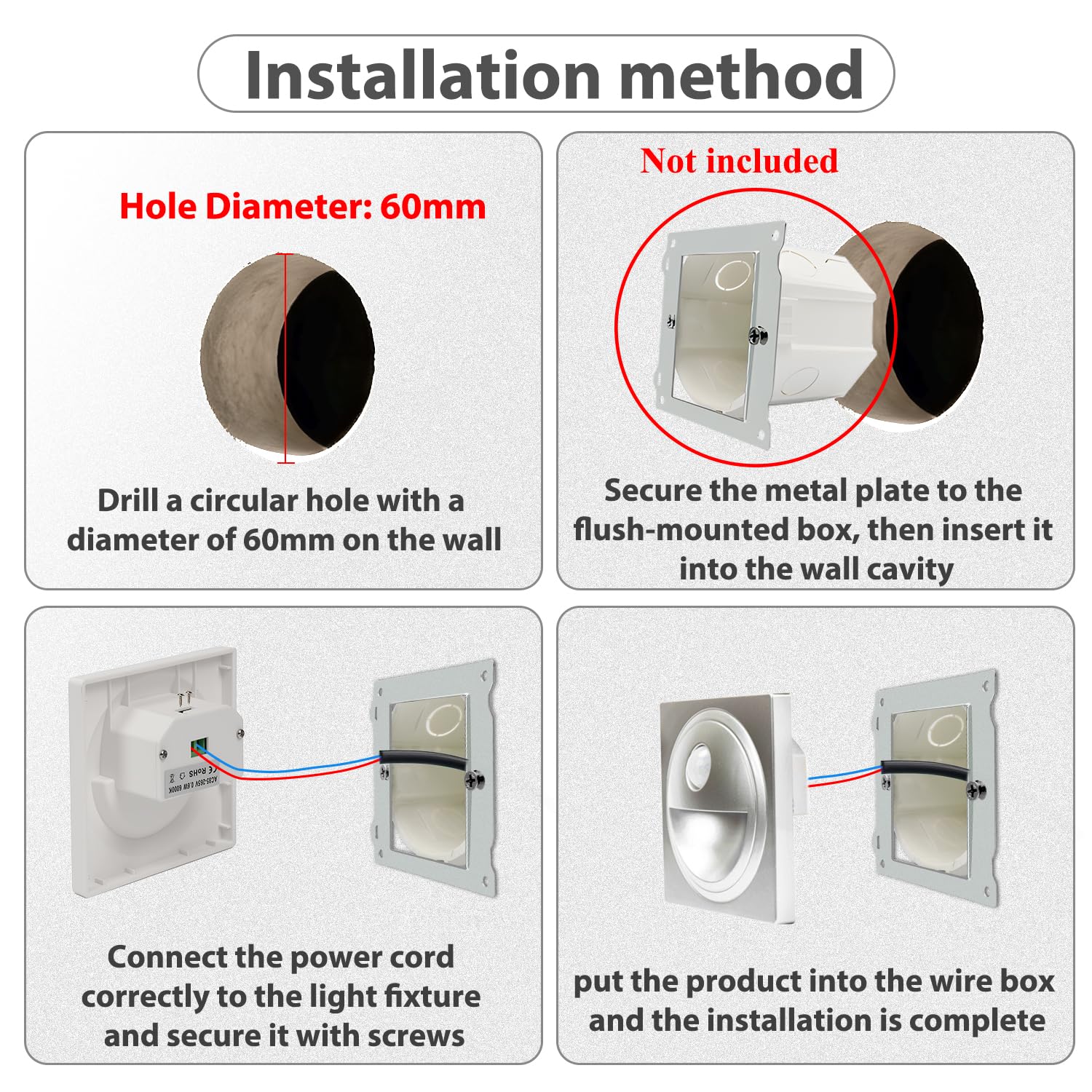 8er 0,6W LED Treppenlicht mit Bewegungsmelder Warmweiß 3000K LED Wandeinbauleuchte Silber Stufenlicht Treppenbeleuchtung für 60mm Runde Unterputzdose 230V für Innen