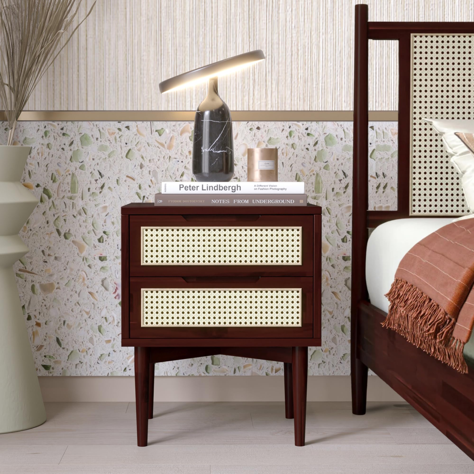 Snapklik.com : Bme Oliver Solid Wood Rattan Nightstand/Side Table/End Table