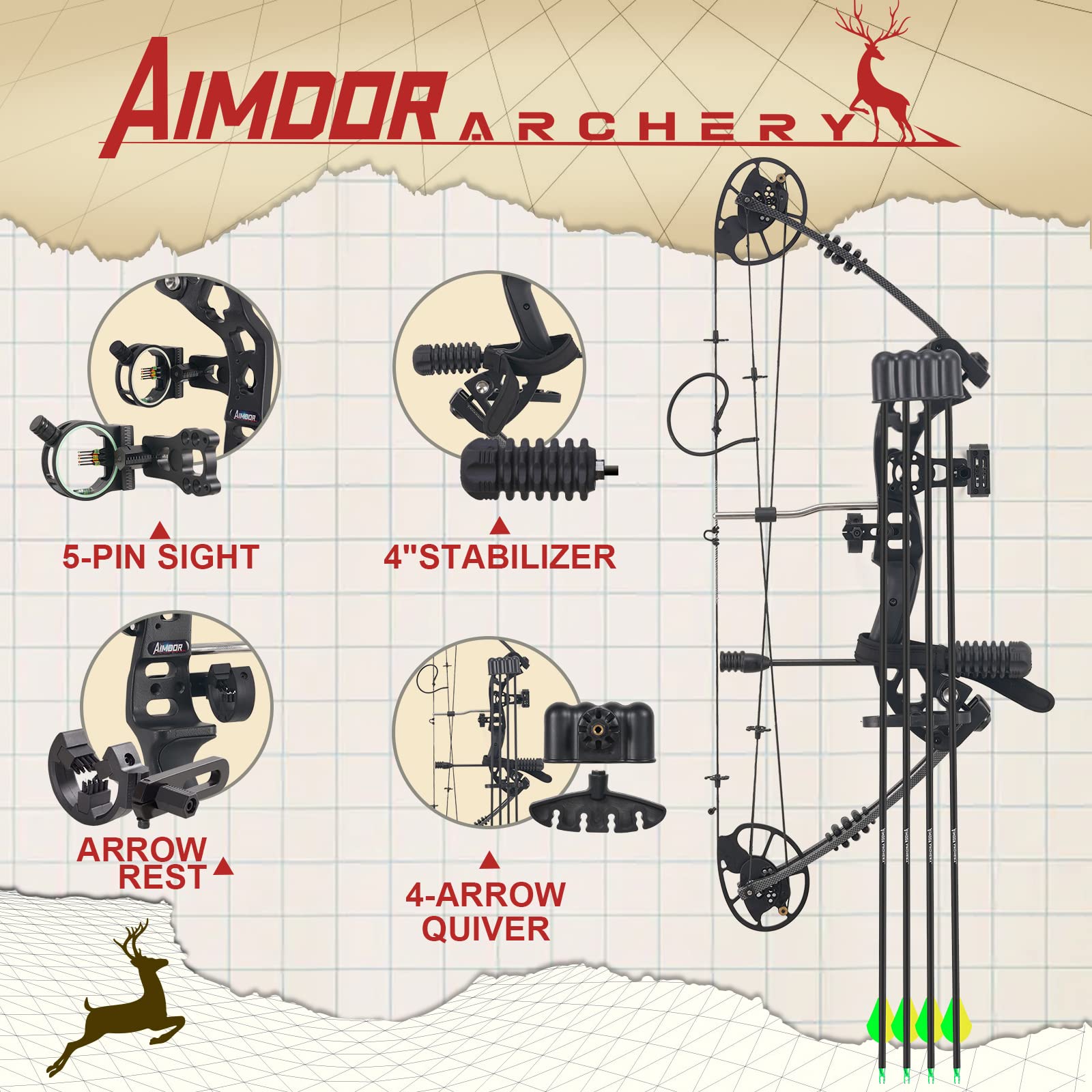 Aimdor A6 Archery Compound Bow and Arrow Set with 20 pcs blazer vanes