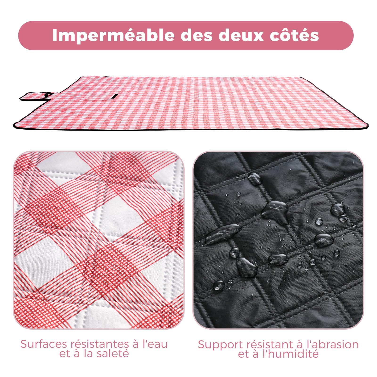 Oak & Tea Couverture de Pique Nique imperméable avec 4 Boucles d'angle, Tapis Pique Nique Tapis de Plage pour Le Camping, la Plage et Le Camping 150 x 200 cm Rouge et Blanc