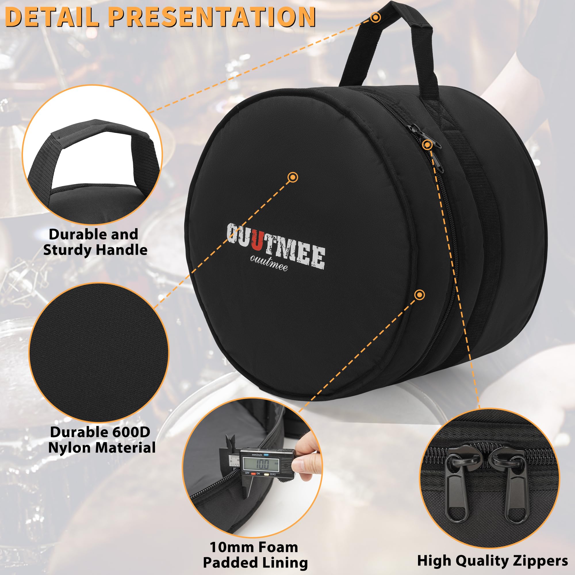 OUUTMEE Tom Drum Tasche für Tom 35,6 x 30,5 cm, 10 mm dick gepolsterte Reise-Trommeltasche