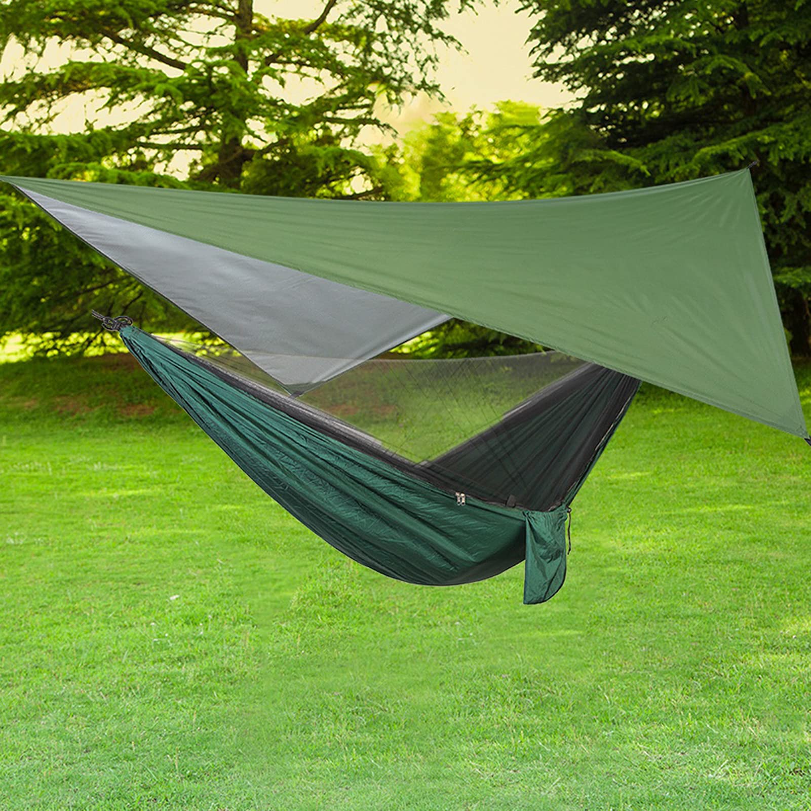 Amaca portatile con zanzariera e tettoia, amaca sospesa per esterni ideale per campeggio e viaggi, dotata di zanzariera integrata antinsetti e di schermo anti-UV e pioggia; (Baldacchino verde
