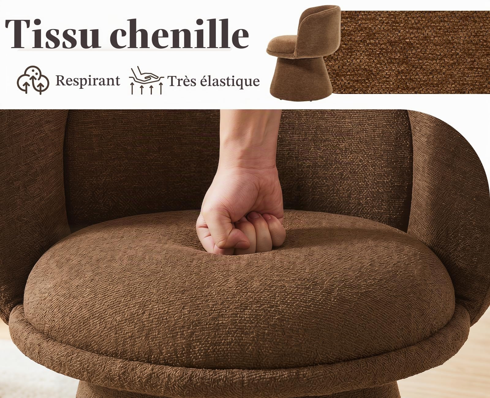Fauteuil de Salon Confortable, Pivotant&Rembourré, Chenille Marron