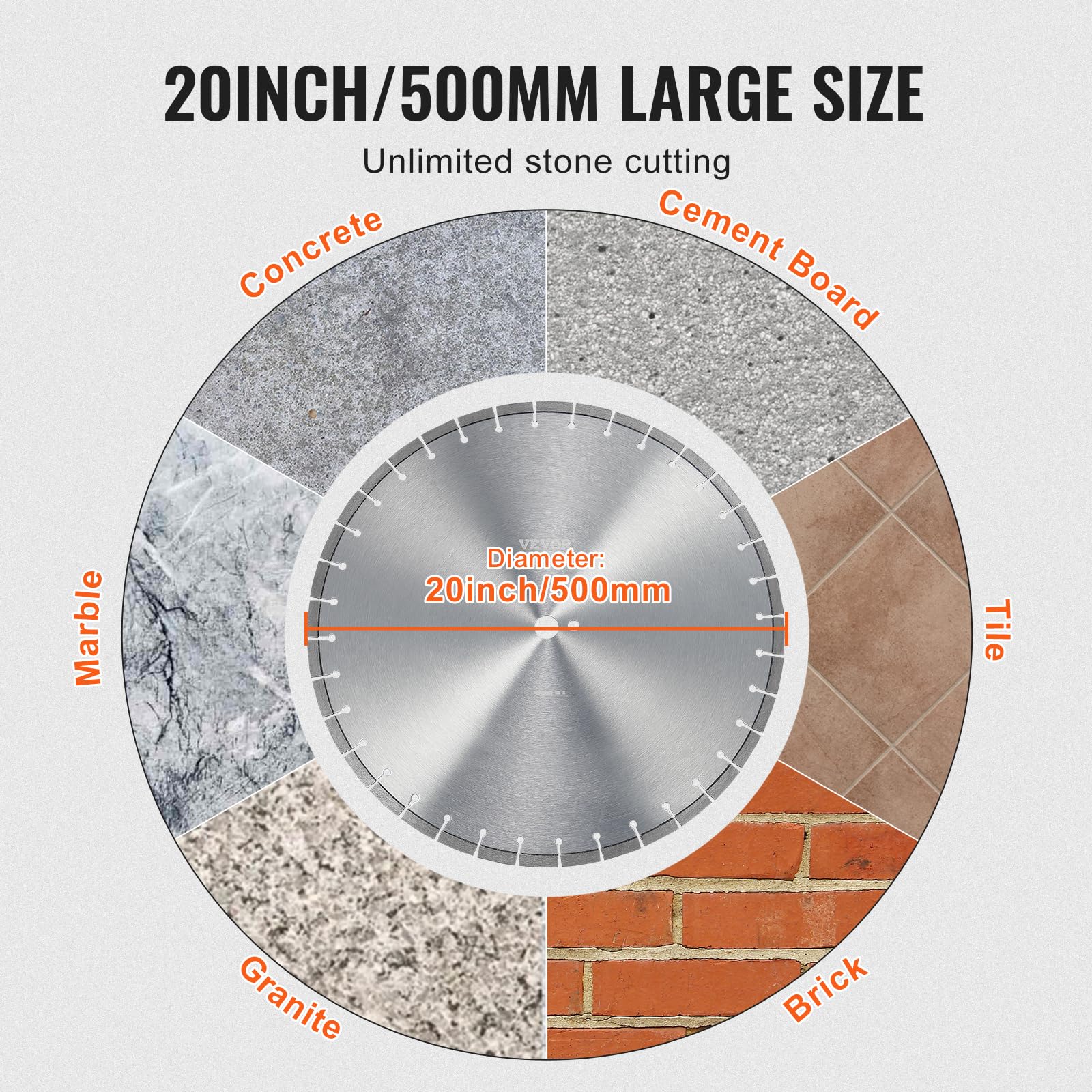 VEVOR Disco de Corte de Diamante 500 mm Disco de Diamante Húmedo o Seco Hoja de Sierra con Dientes Planos 12 mm Diámetro del Orificio Central Universal 25,4 mm Para Hormigón, Azulejos, Ladrillo