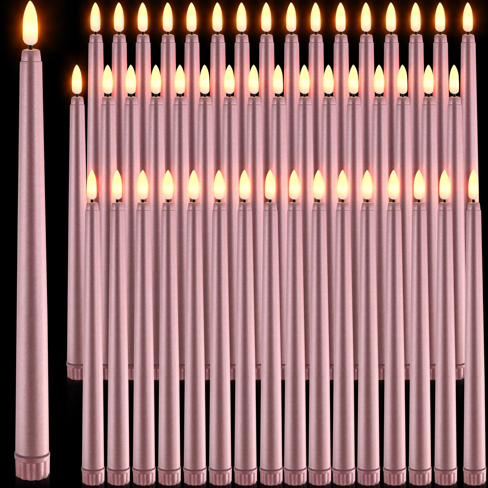 Handepo 48 Pack Flameless Taper Candles Realistic with Yellow Flickering Candlelights Plastic 11 Inch Last Long Battery Operated Window Candlestick for Halloween Christmas (Rose Gold)