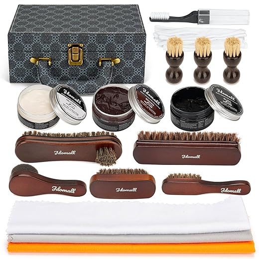 Shoe Care Kit - 16pc, Blue: Premium Deluxe Shoe Polish Kit - Black, Brown & Neutral Polish, Horsehair Brushes, Buffing Cloth & More for Leather Shoes & Boots Care