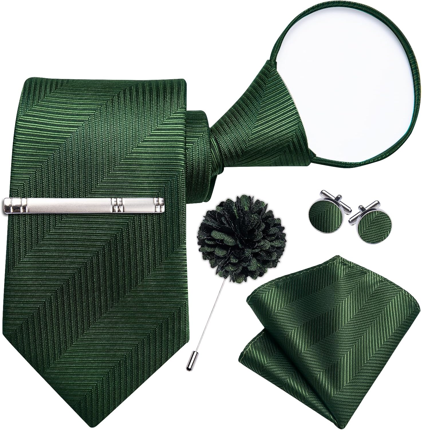 DiBanGu Mens Silk Zipper Tie Adjustable Pre-tied Solid Plaid Necktie Pocket Square Lapel Pin Cufflinks Tie Clip Set