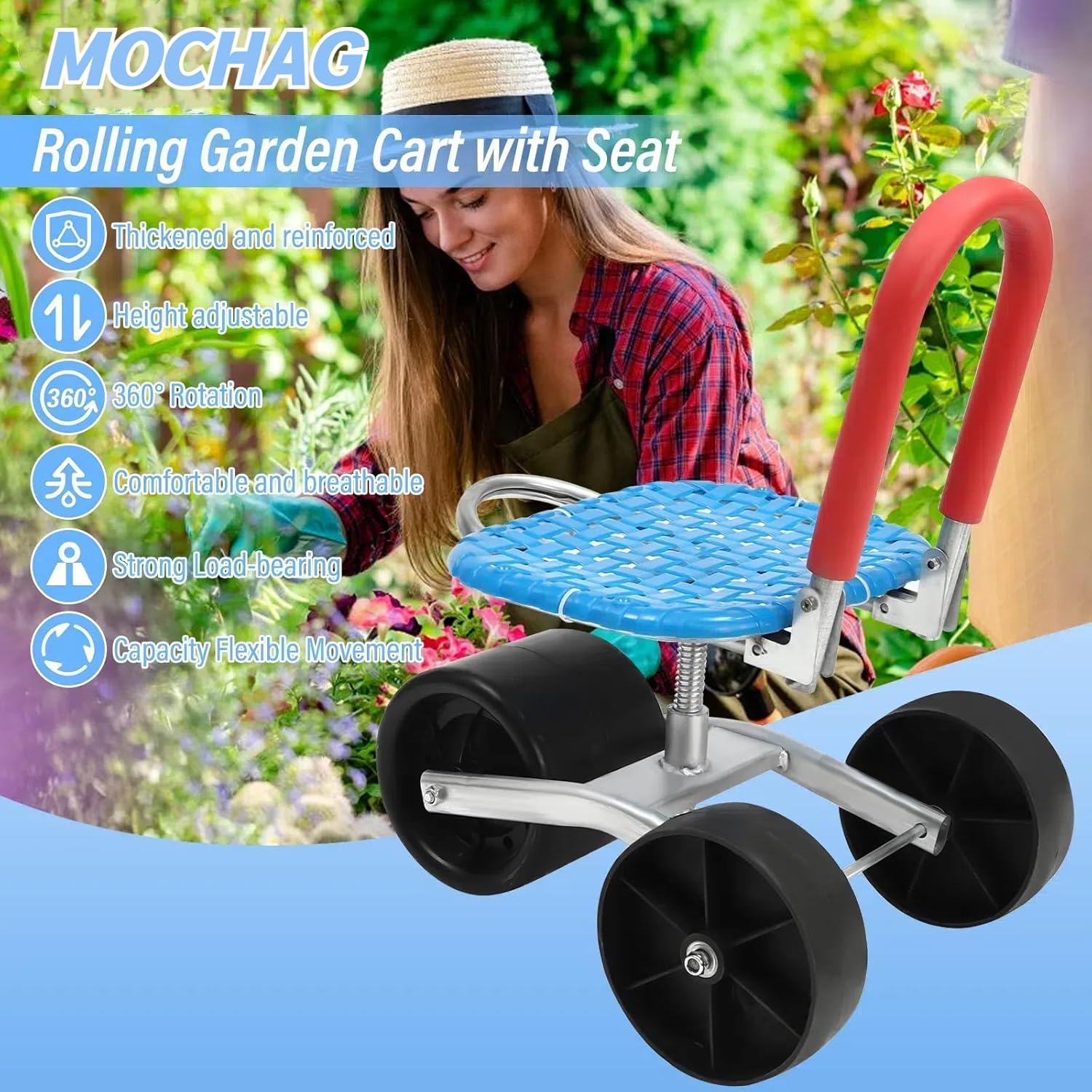 MOCHAG Rolling Garden Cart with Seat, 360° Swivel Garden Rolling Work Seat w/3 Wheels Adjustable Height, Gardening Chair Outdoor Lawn Yard Patio Wagon Scooter for Planting, Gardening Helper