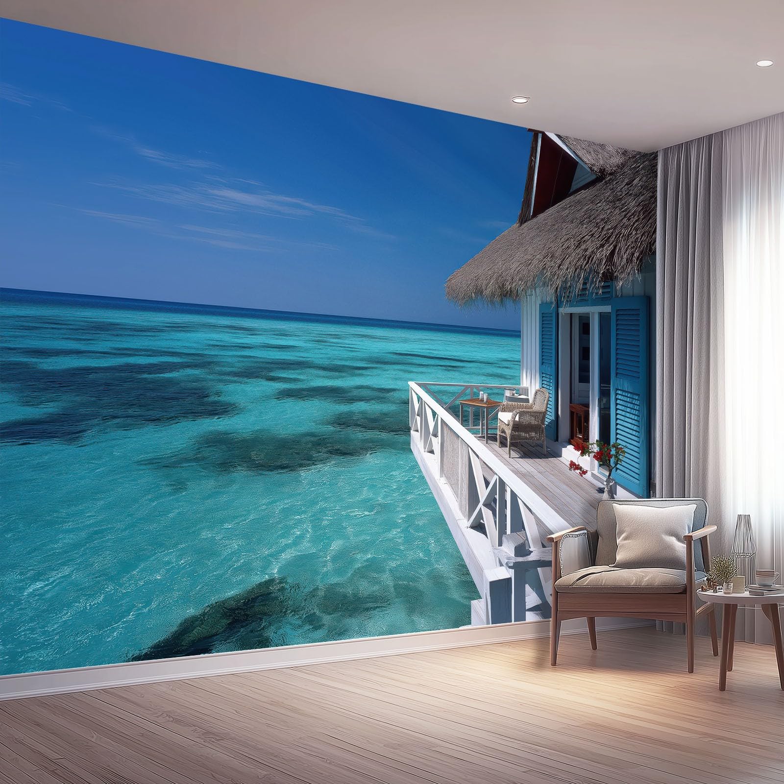 Papier peint panoramique intissé mer bleu pour une ambiance de salon apaisante