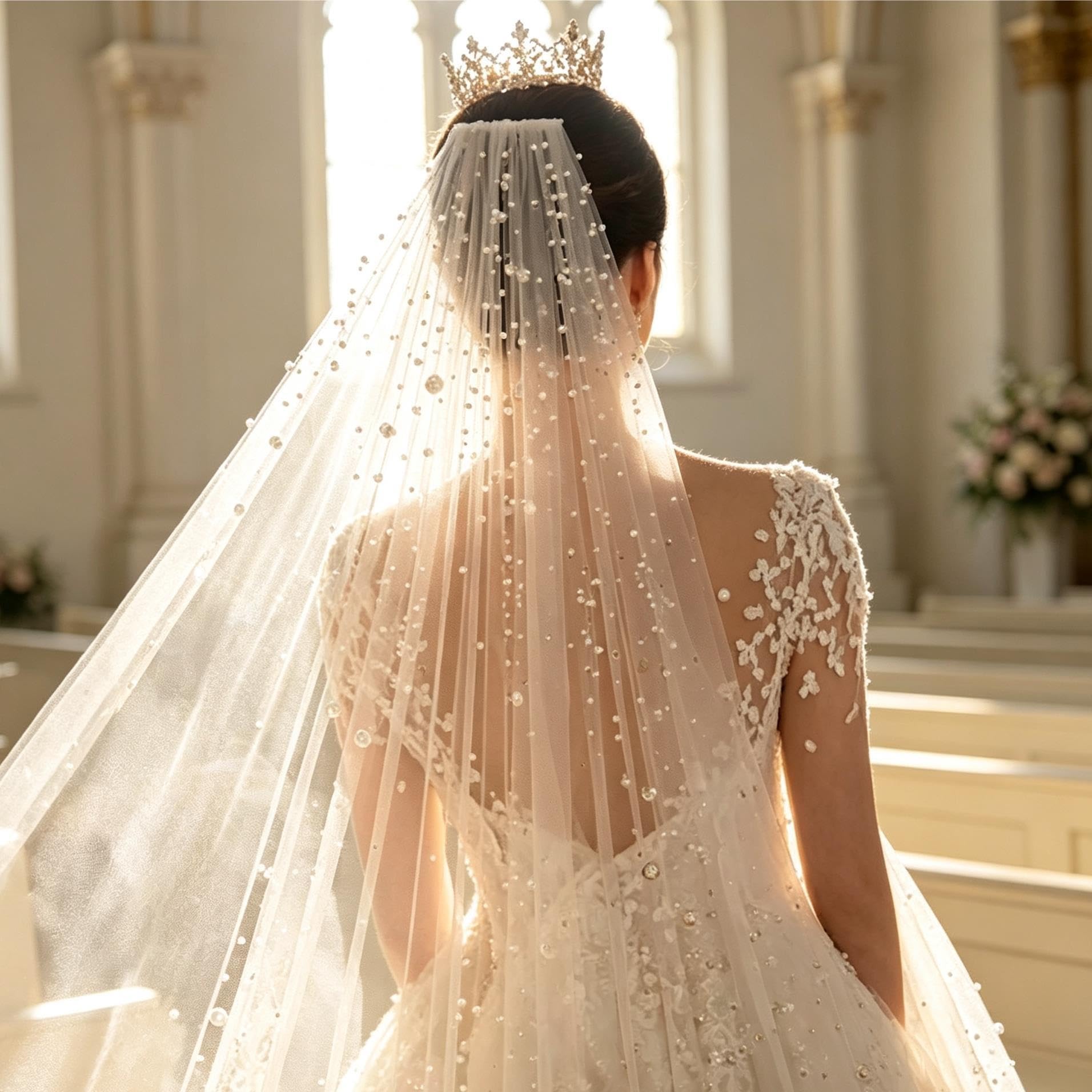 Velo da Sposa Velo di Perle e Strass con Strascico Etereo Onirico