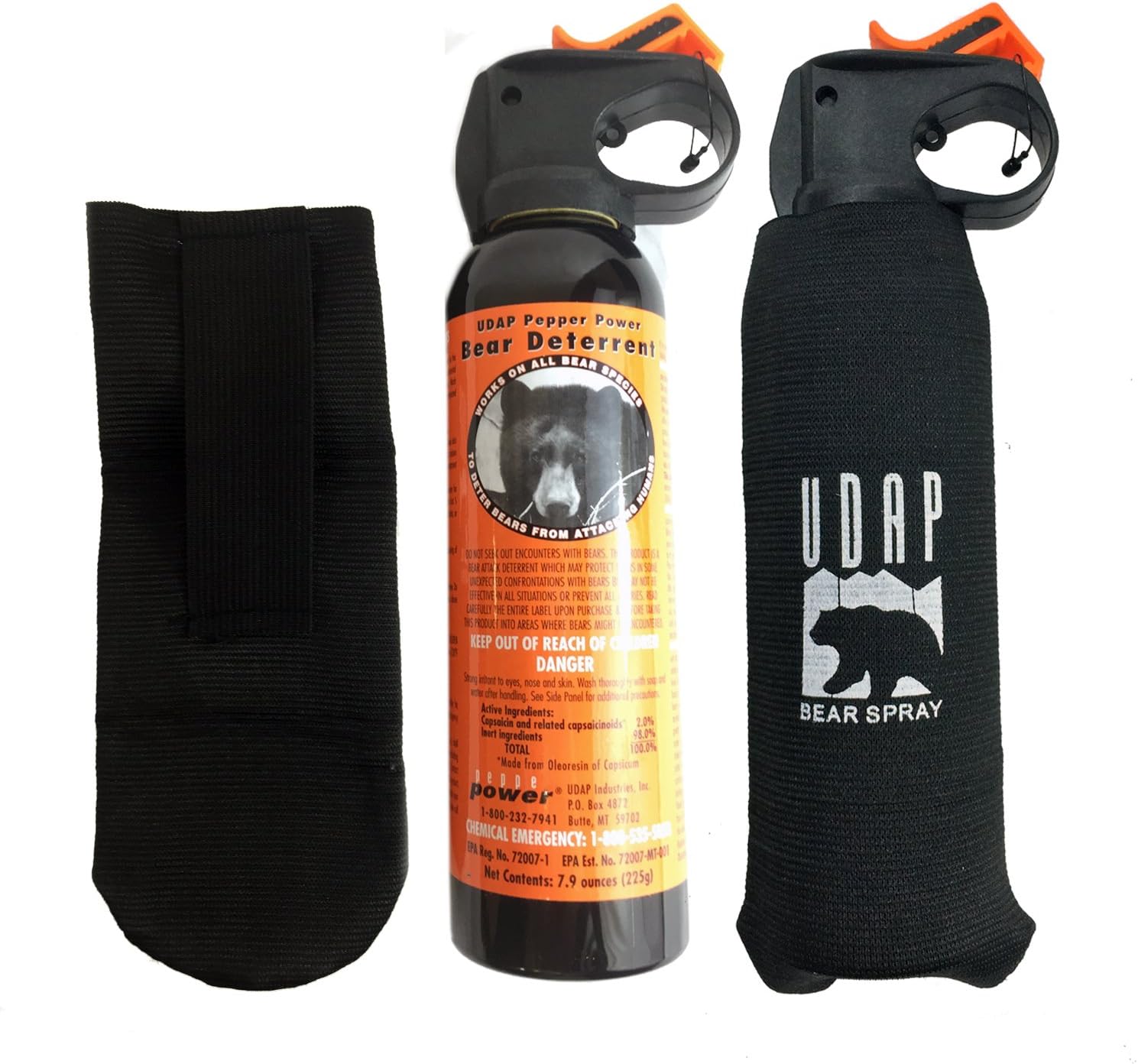 UDAP Pepper Power 12VHP Safety Orange Bear Spray Self Defense Deterrent with Hip Holster and Belt for Camping, Hiking, Fishing, Powerful Blast Pattern, 40 feet Fog Barrier, 7.9 oz (Pack of 2)
