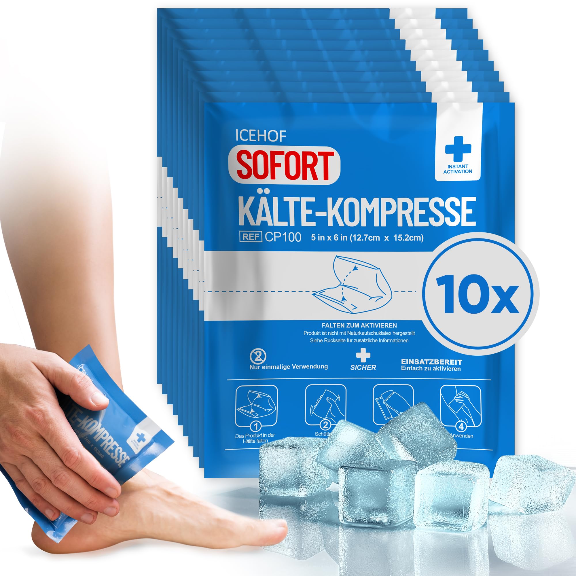 ICEHOF Kühlpads zum Knicken - 10x Sofort Kältekompresse - 15,3 x 12,7 cm Einmal Kühlpacks - Einweg Kühlpads Kühlkompresse für Unterwegs - Knick Kühlpack