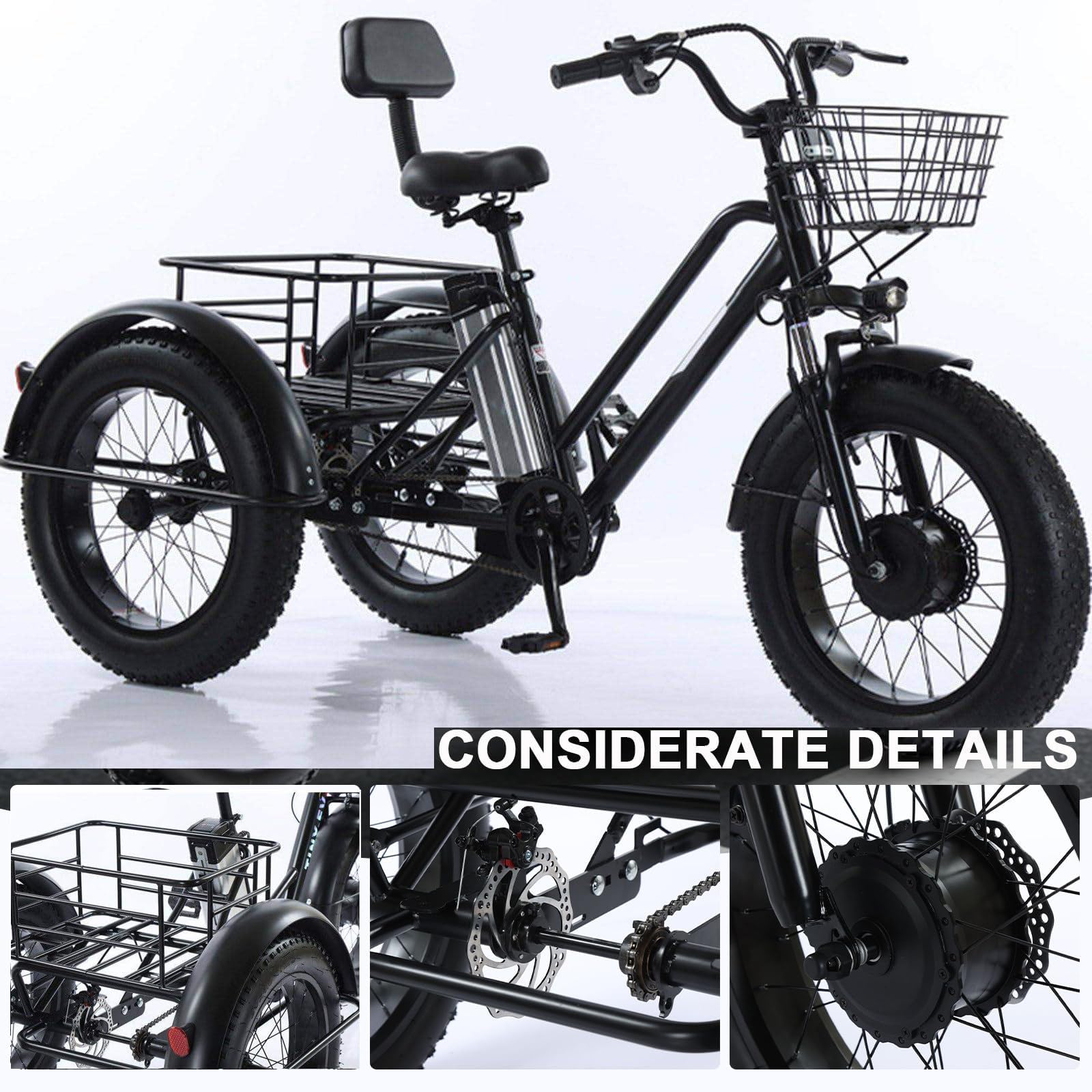 Bicicletta cargo elettrica per adulti, triciclo cargo elettrico resistente con portata di 200 kg, 3 ruote, pneumatici larghi da 20'' (20x9x12), ampio cestino per la spesa e picnic.