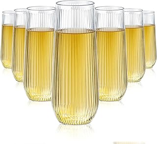 48 Pack Plastic Ribbed Champagne Flutes, 9 Oz Stemless Disposable Clear Plastic Toasting Glasses Shatterproof Recyclable and BPA-Free Perfect For Wedding