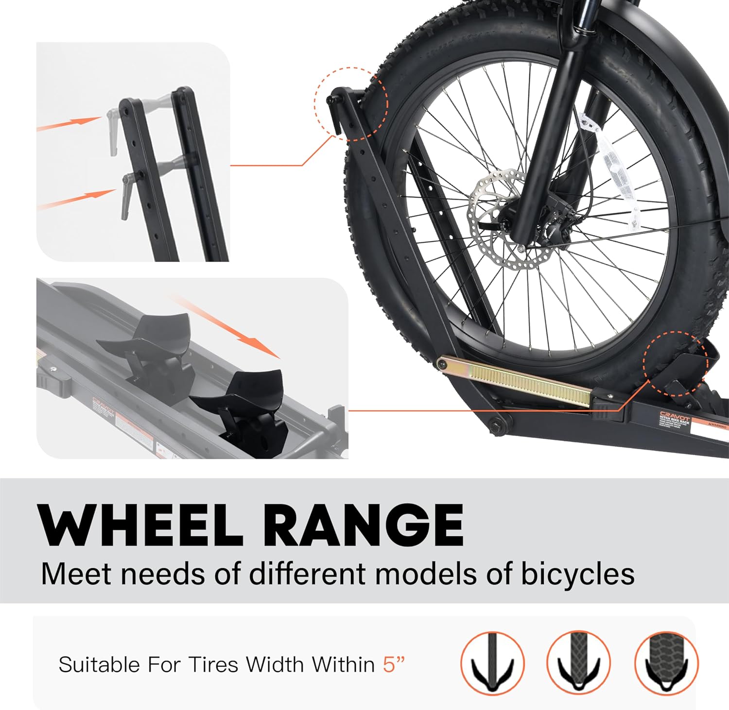 CRAVOT 2 Ebike Rack, Electric Bike Carrier, Tire Clamp E-Bike Rack Haul Ebikes with 2 Arms Lock, 200lbs Capacity Fits Max 5" Tire Bicycle, for Car, SUV, Van with 2" Receiver, MagRack X2 MAX