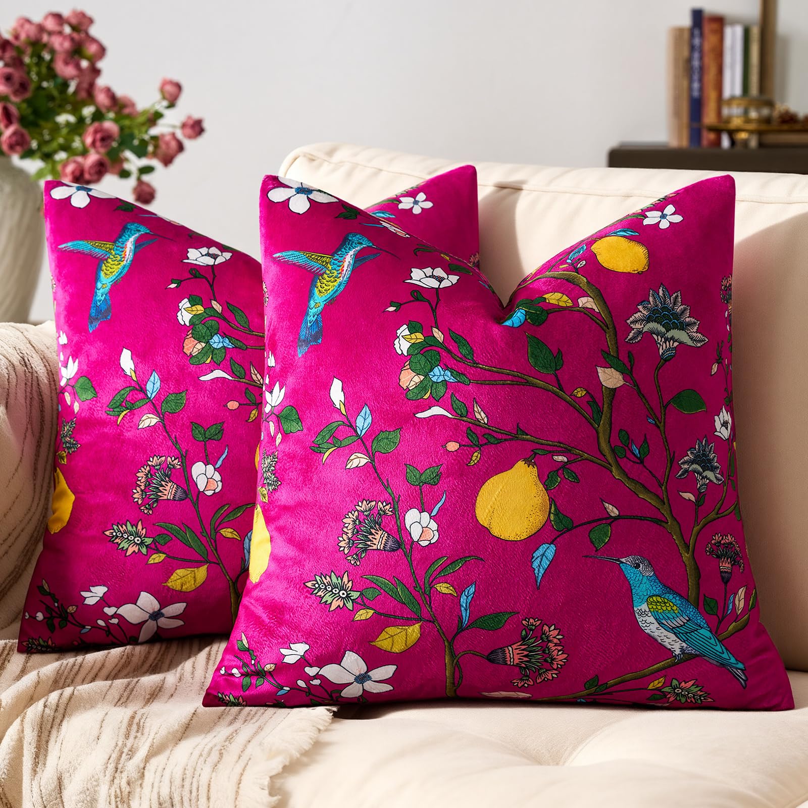 Photo 1 of MUSSEL Hot Pink Floral Pillow Covers 18x18 Set of 2, Velvet Wild Flower Plant Throw Pillows Case, Square Farmhouse Decor Cushion Covers for Home Sofa Bed Couch