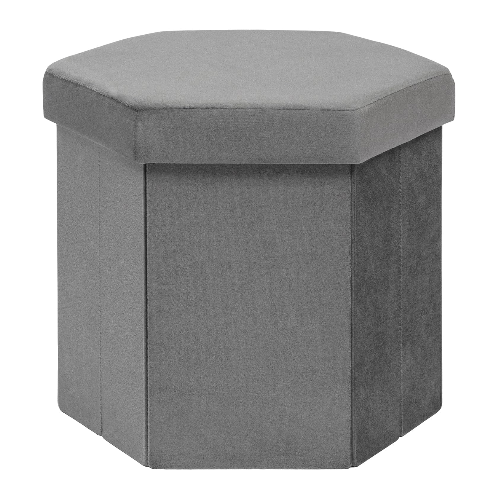 PINPLUS Hexagonal Storage Ottoman with Lid, Velvet Upholstered Foldable Footstool Cube, Space-Saving Ottoman Seat Stool for Living Room Bedroom, 43x38x38cm, Grey