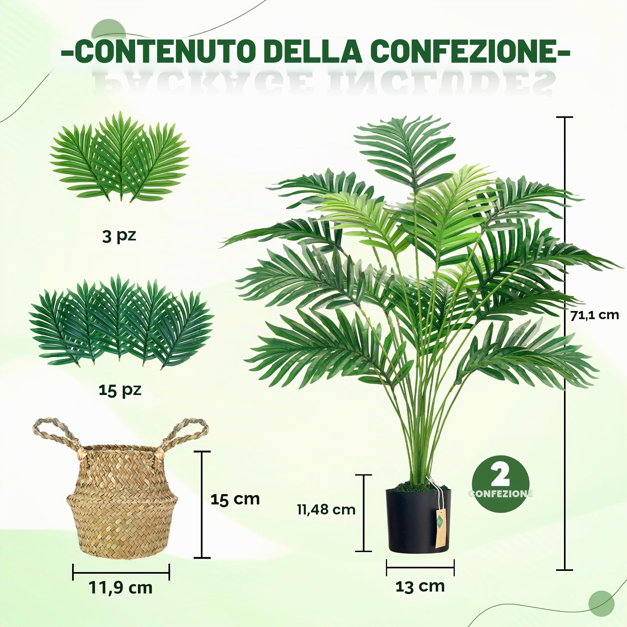 Der Rose 2 palme finte da 71 cm, grandi piante di palma artificiale in vaso, con cestini intrecciati a mano con manici, per interni ed esterni, casa, ufficio, portico, balcone, camera da letto