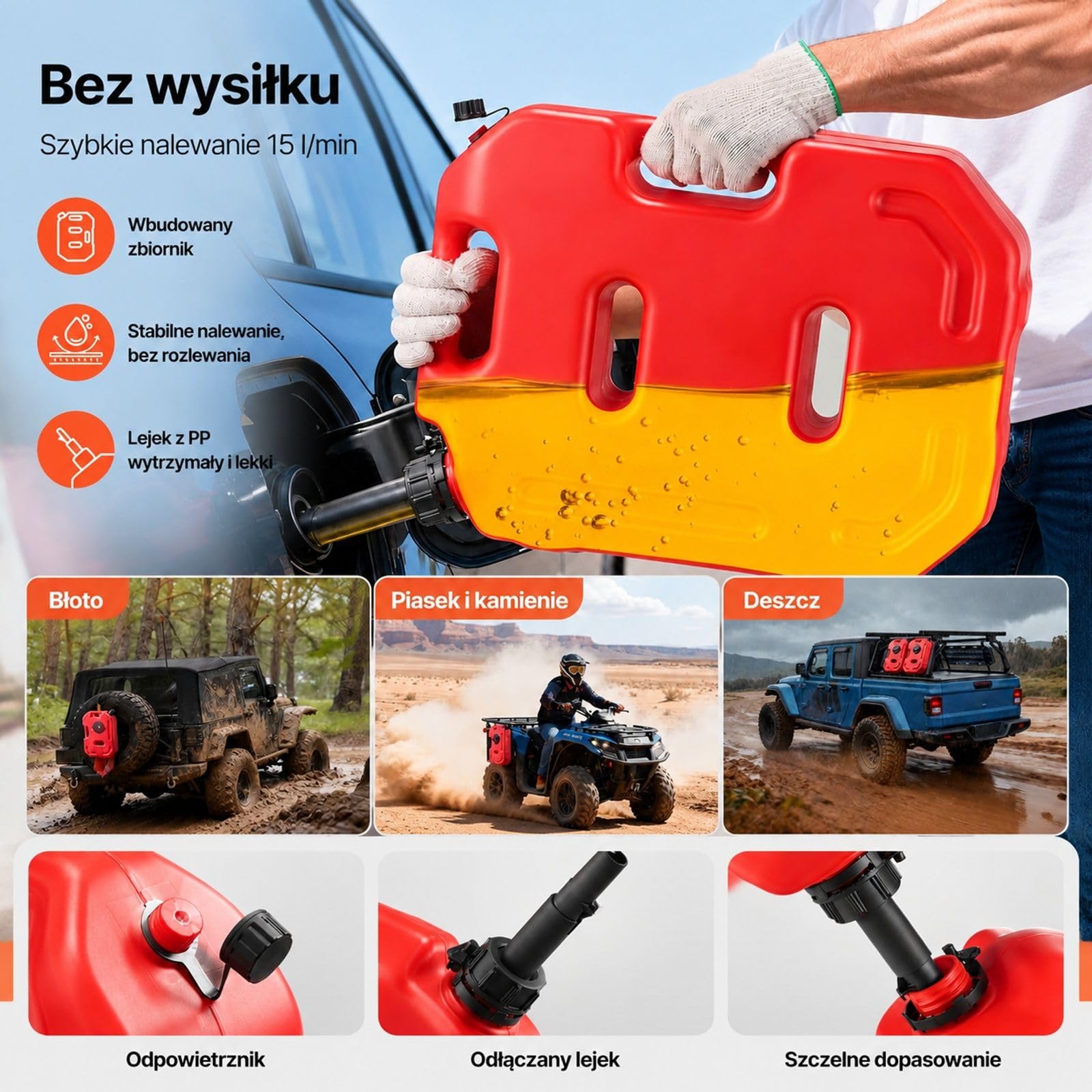Czerwony kanister na paliwo 10 l z HDPE i PP, z dzióbkiem, zamykanym uchwytem oraz maksymalnym przepływem 15 l/min do samochodów, motocykli, quadów i pojazdów UTV