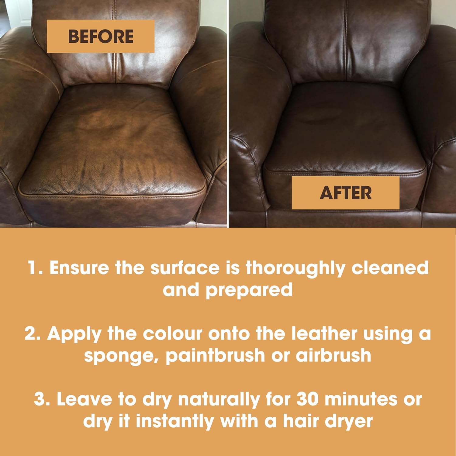 Furniture Clinic Leather Repair Paint | 2-in-1 Seal and Color | Use on Scratches, Tears, and Holes in Car Seats, Furniture | Quick and Easy Leather Repair Kit for Furniture (Medium Brown, 50ml/1.7oz) - Image 6