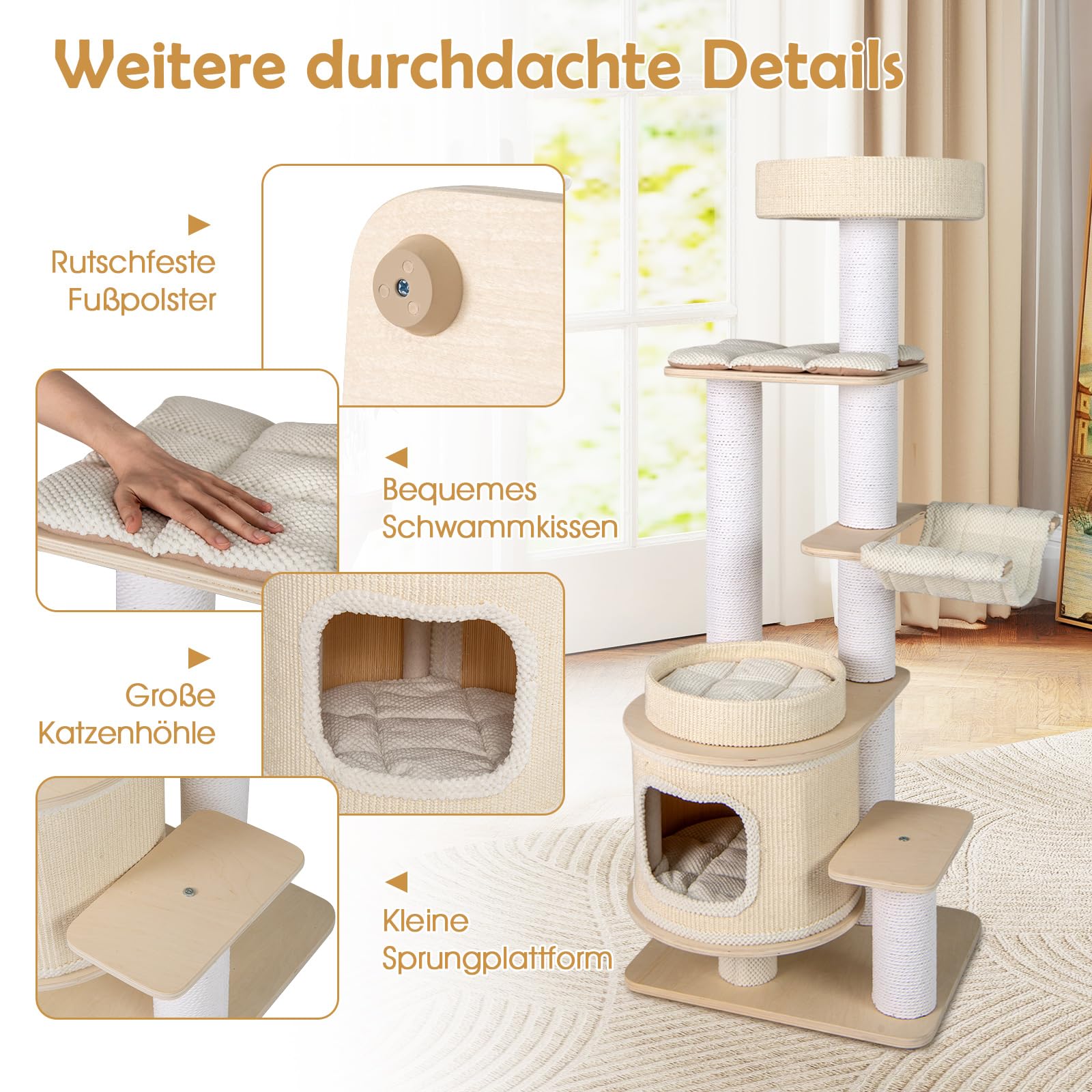 COSTWAY Drapak duży, 151 cm, drewniany drapak dla kota z grubymi pniami, platformami, jaskinia, łóżko, drapak i hamak, wieża dla kota do wspinaczki, kolor szary + naturalny