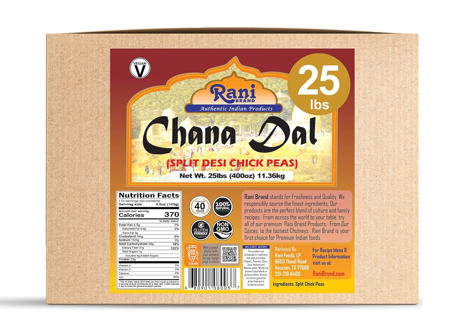 Rani Chana Dal (Split Desi Chickpeas without skin) 400oz (25lbs) 11.36kg Bulk Box ~ All Natural | Gluten Friendly | NON-GMO | Kosher | Vegan | Indian Origin