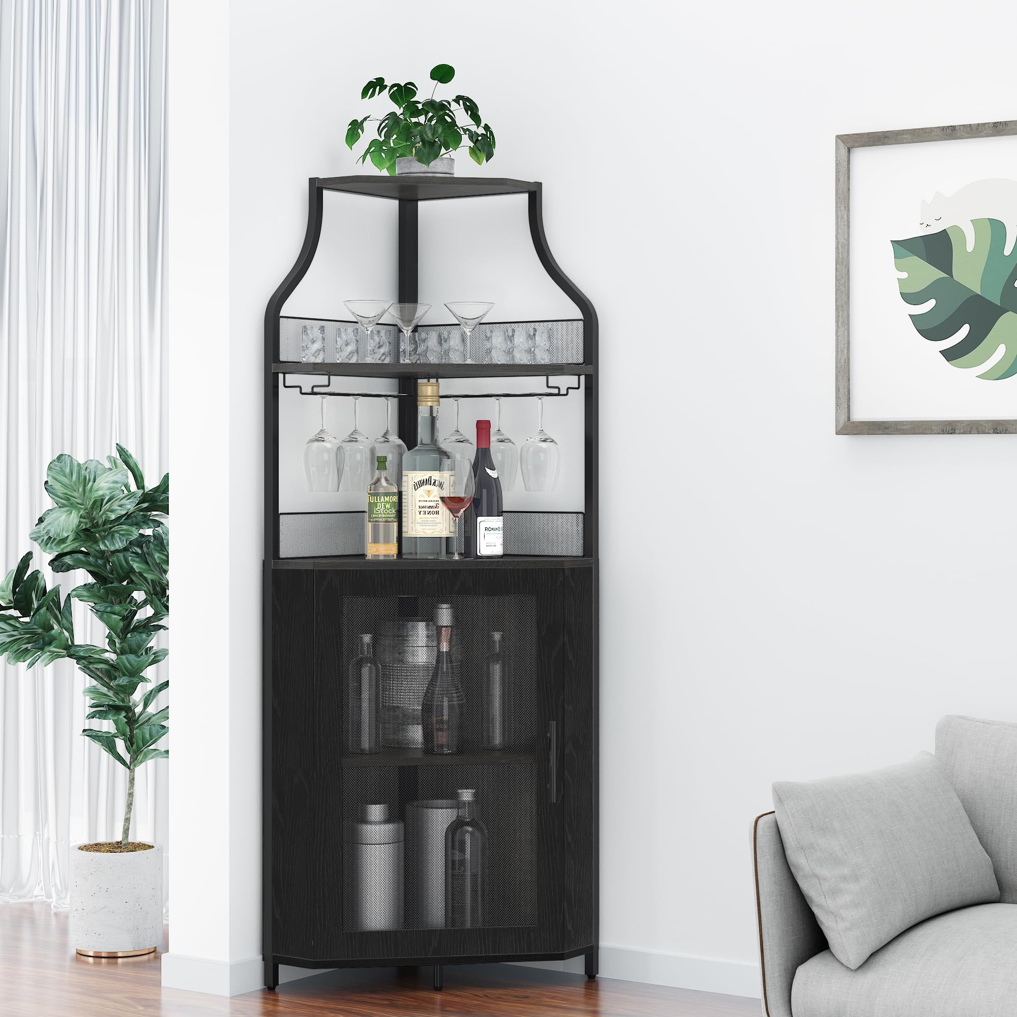 coucheta Corner Bar Cabinet, Wine Bar Cabinet with Glass Holder and Large Storage Space, Corner Liquor Cabinet with Mesh Door and Adjustable Shelf,