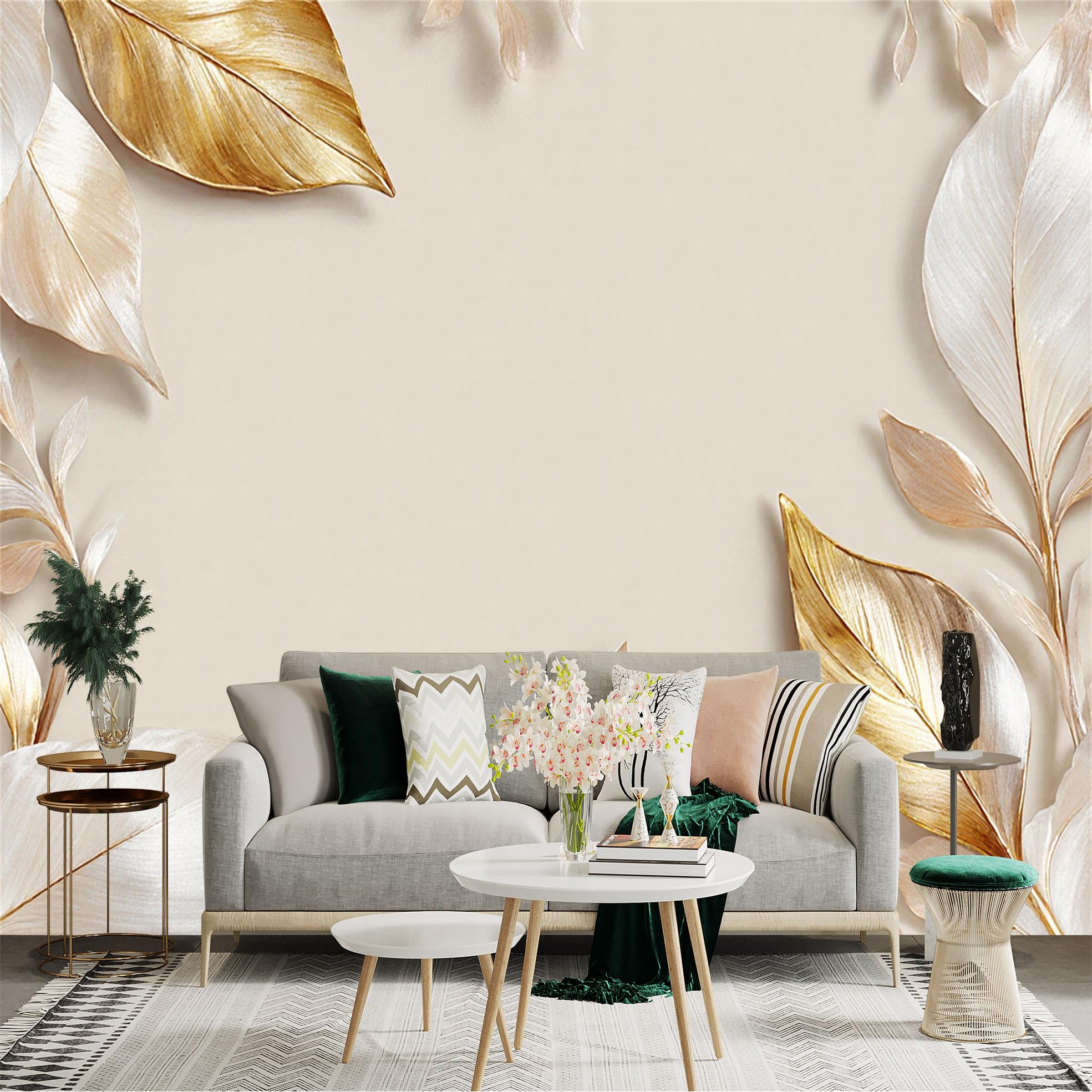 Custom Size Wall Sticker Mural， Elegant Metallic Golden and White Leaves， Minimalist Luxury Botanical Art， for wall Decoration， peelandstick wall Decals.