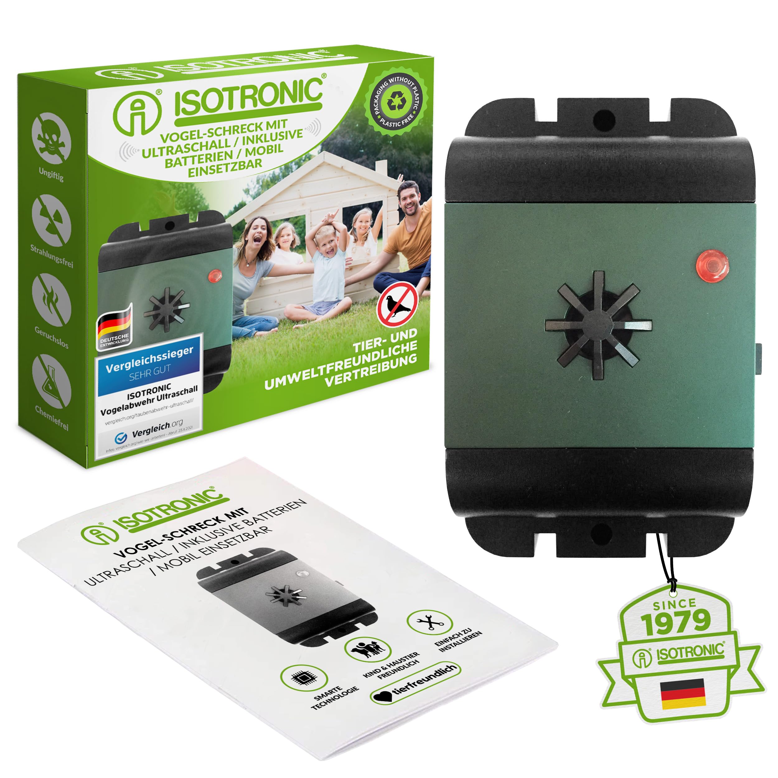 ISOTRONIC Ultraschall Vogelabwehr zum Vertreiben von Tauben, Spatzen, Möwen & Krähen – batteriebetriebener Vogelschreck für Balkon, Dach & Garten – Taubenabwehr mit 40m² Wirkungsbereich (1 Stück)