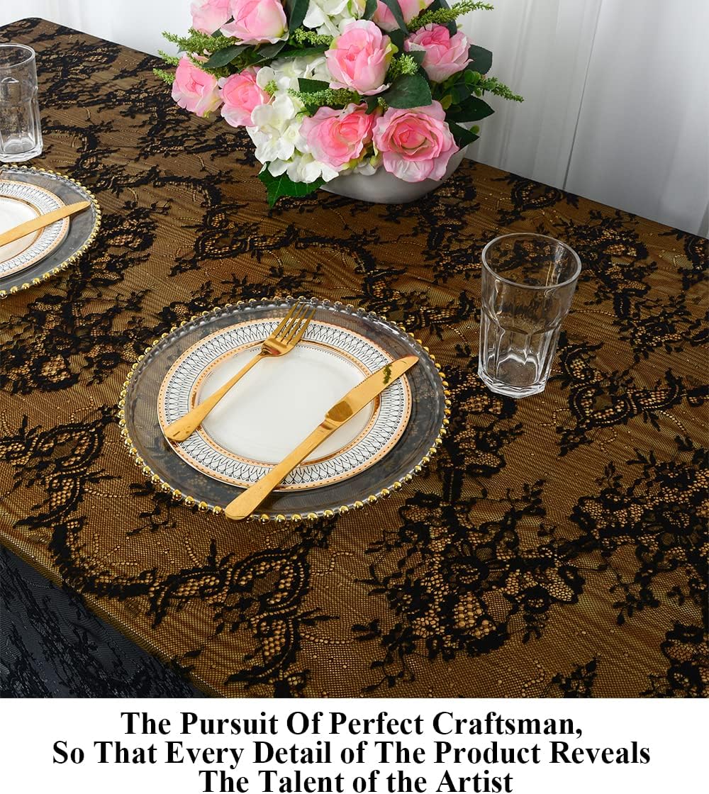 Partisout Black Lace Tablecloth Rectangular 60x120 Inch Wedding Decor | Embroidered Floral Lace Design, Scalloped Edges, Oblong Sheer Overlay, for Wedding Reception, Party Birthday Table Decor