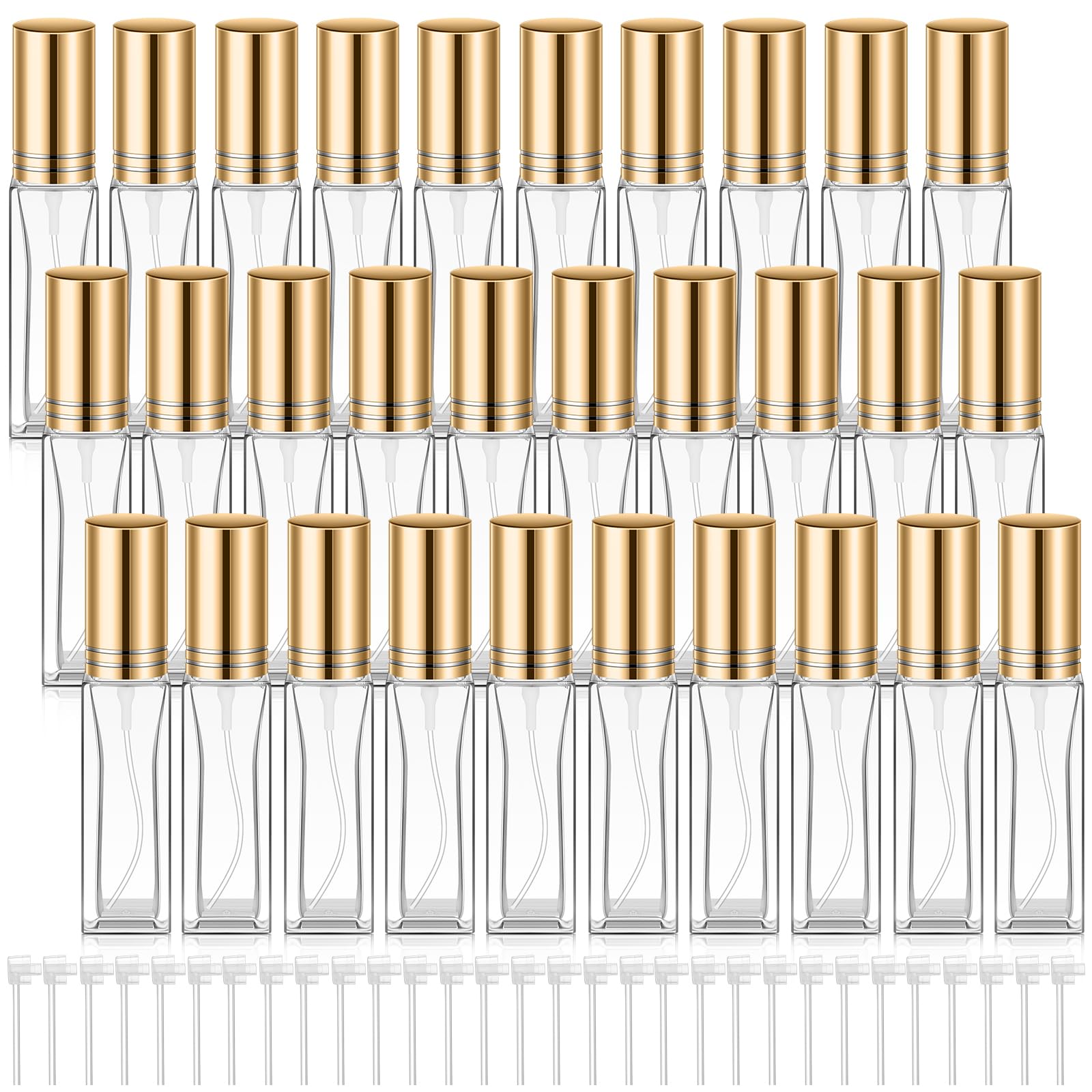 Domensi 30 Pcs 20 ml Empty Glass Perfume Bottles Bulk - Gold Refillable Cologne Spray Atomizer with Pump, for Travel, Skincare, Haircare, Cleaning &