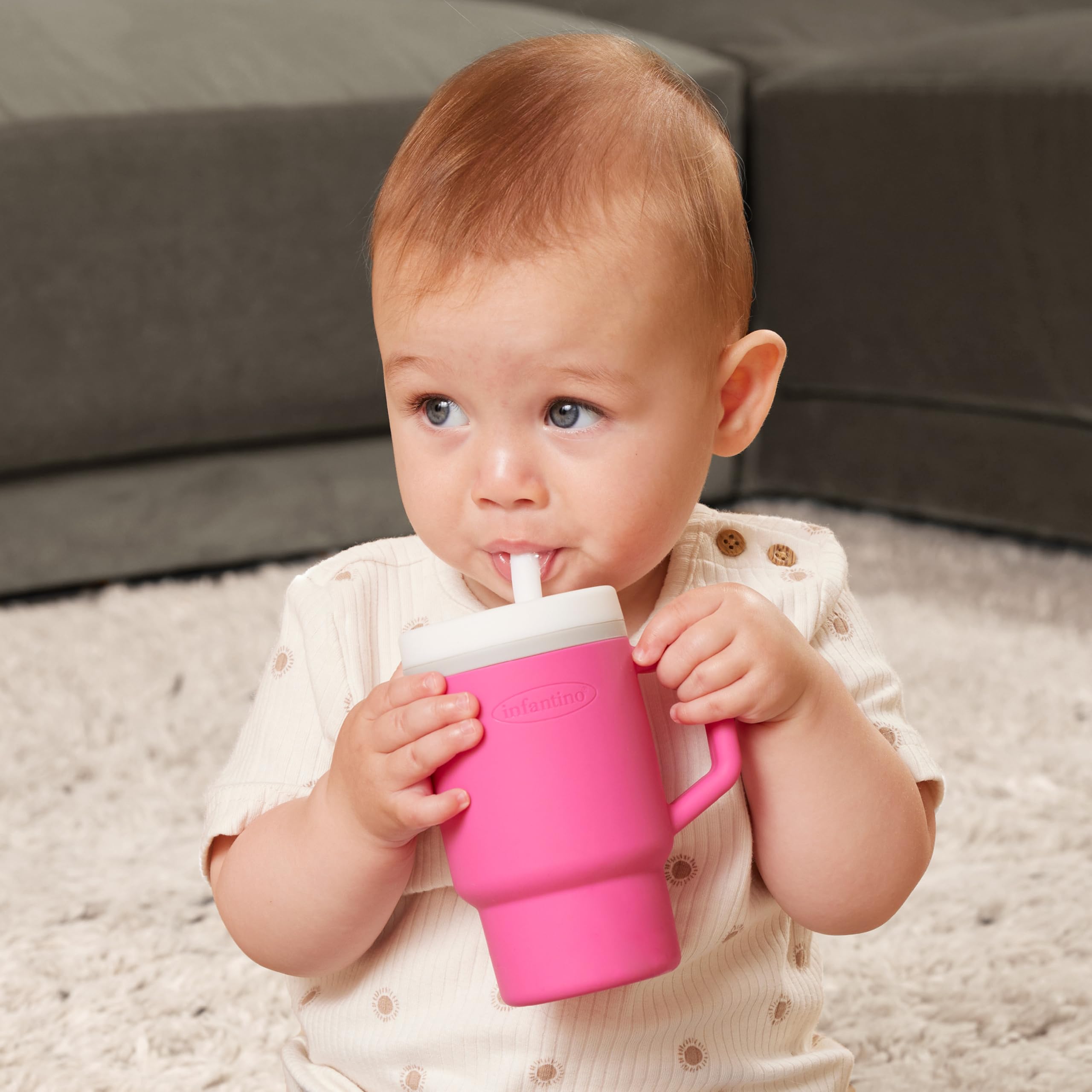 INFANTINO My 1st Tumbler – uroczy miniaturowy kubek z szczelną słomką i uchwytem przyjaznym dla małych dzieci, zachęca do nawodnienia, łatwy do czyszczenia, 25 ml, guma bąbelkowa