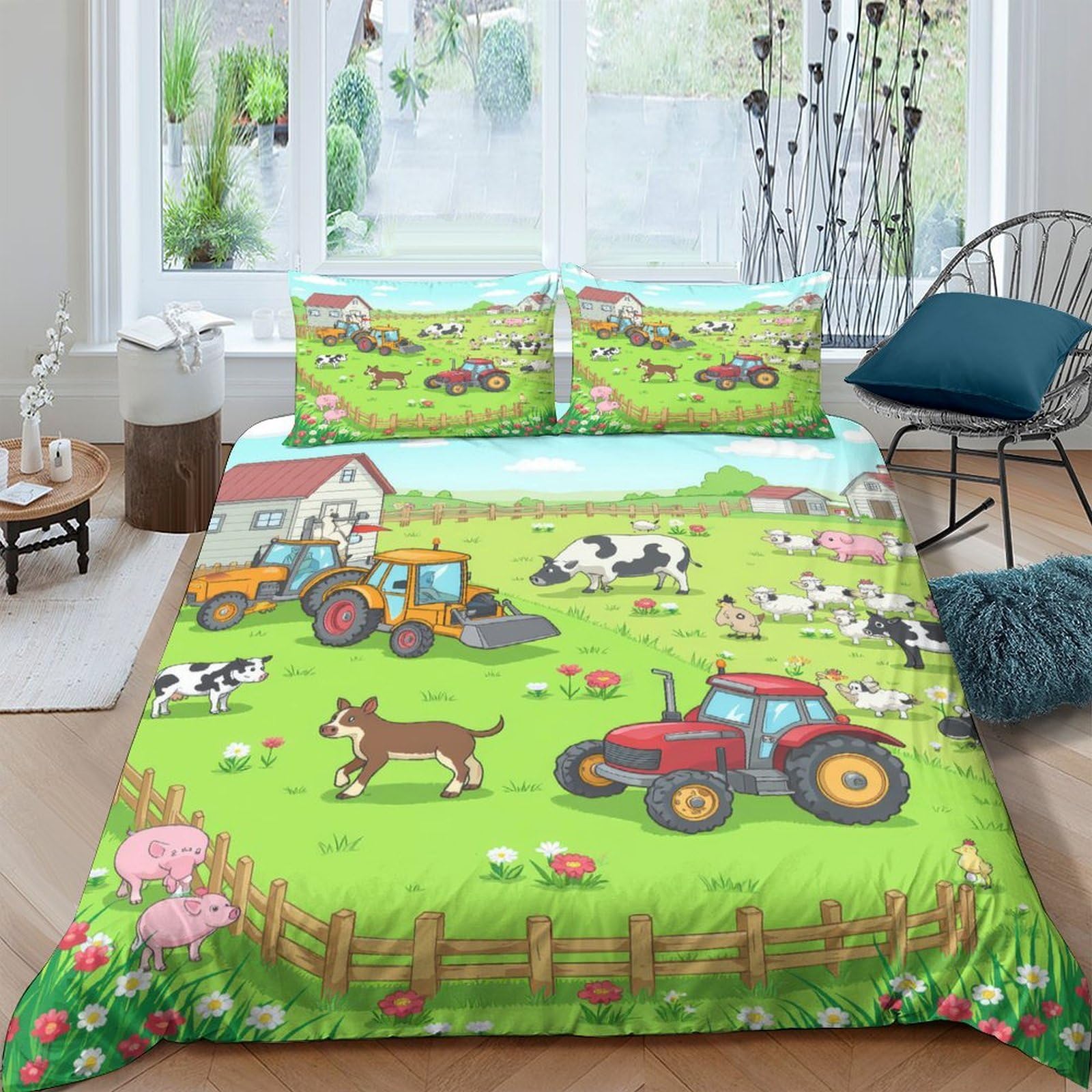 Ctjqhvkz Style-7 3D Printed Farm Tractor Fitted Sheet Microfiber Soft Green Pasture Bed Cover Animal Print Decor For Bedroom Single（135X200cm）